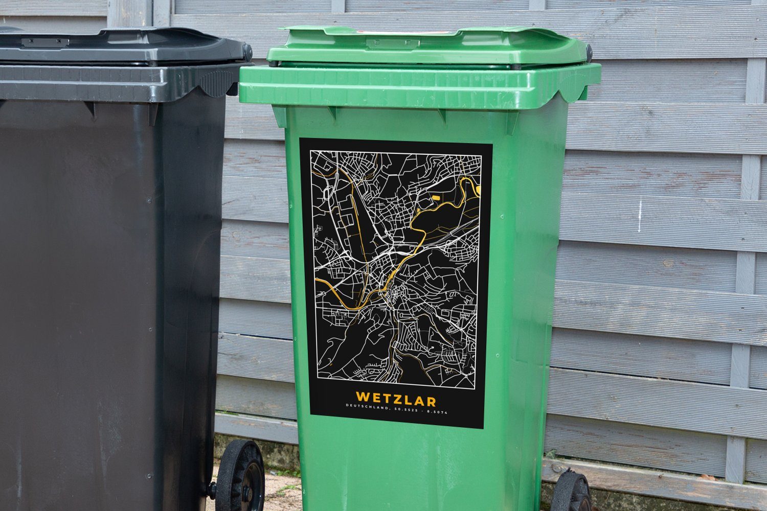 MuchoWow Wandsticker Wetzlar - Gold Karte und Container, Deutschland Schwarz (1 Mülleimer-aufkleber, Sticker, Mülltonne, Stadtplan St), Gold Abfalbehälter - - - 