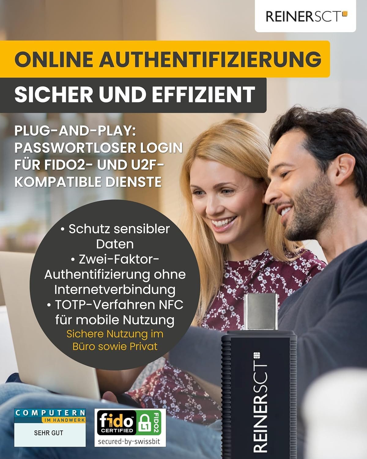 REINER SCT Laptopschloss FIDO Stick Pro, USB-C, Sicherheitsschlüssel für FIDO2- & U2F-kompatible Dienste