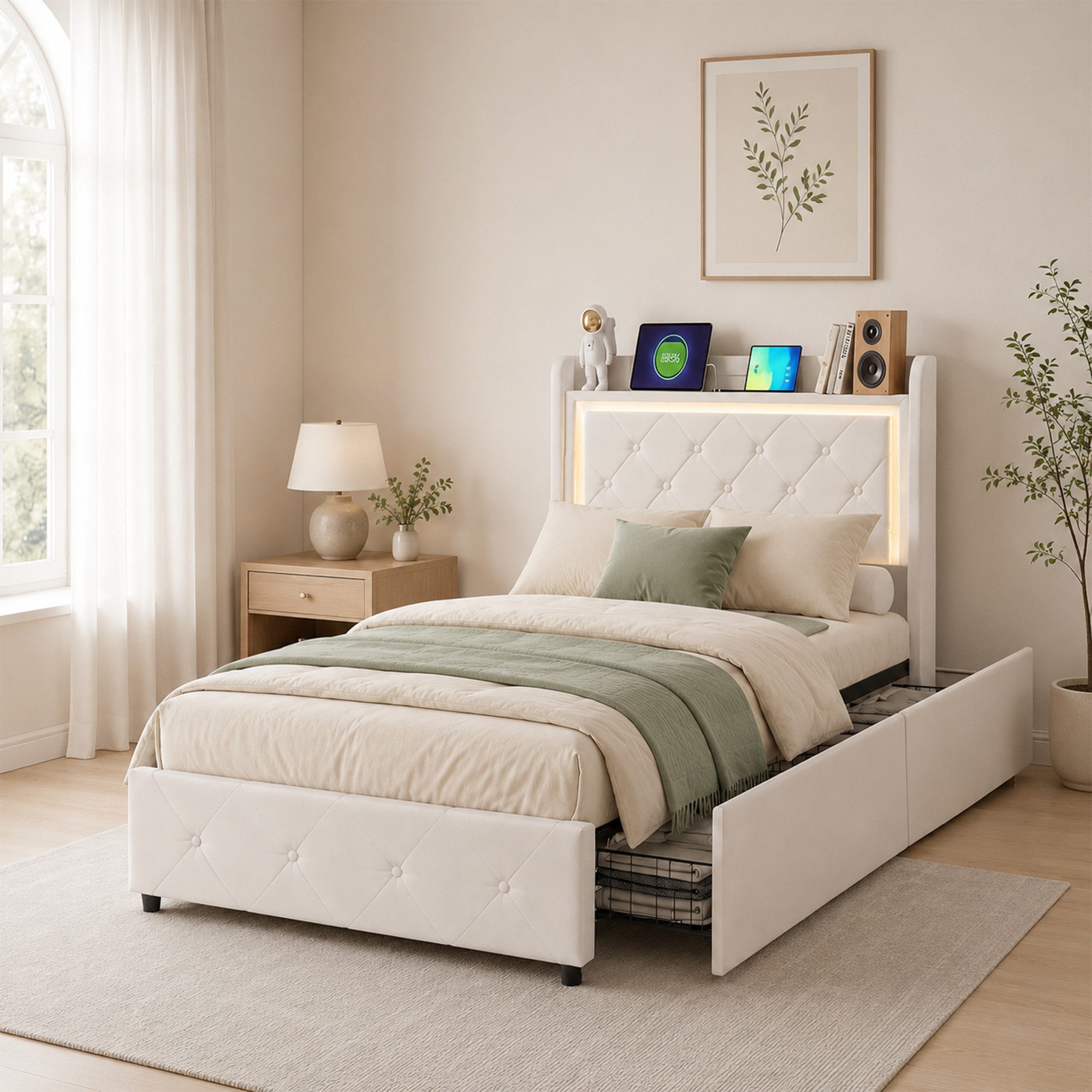Simurq Einzelbett Stauraum 90x200, Polsterbett beige, Bett mit Type C (Bett mit Schubladen mit LED-System, USB & Type-C), Einzelbett, Polsterbett, Jugendzimmer Bett mit 2 Schubladen