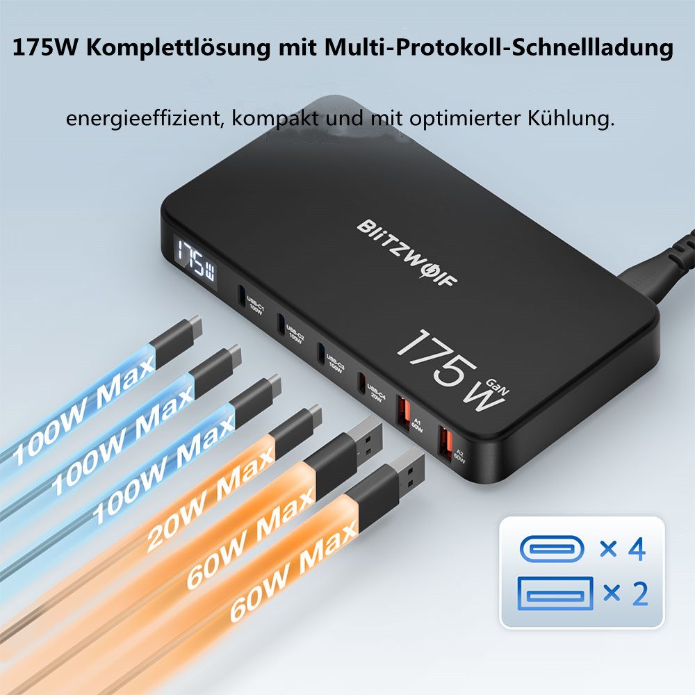 BLiTZWOLF BW-S30 175W 6-Port USB-Ladegerät (5000 mA, 4USB-C+2USB-A QC PD Digitalanzeige, 1-tlg., USB PD Ladegerät, Schnelllade-Desktop-Ladestation)