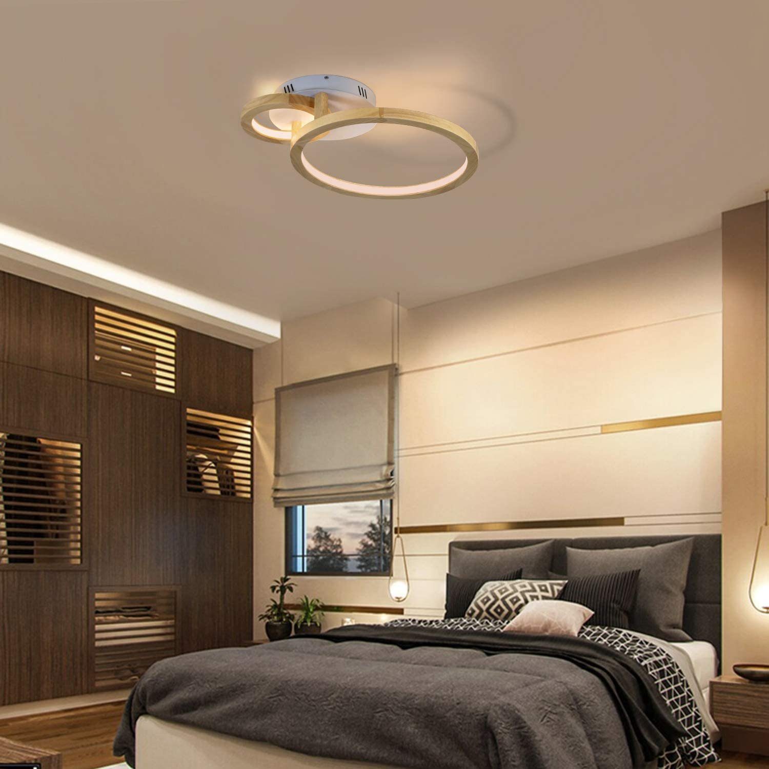 Ring LED fest Küche ZMH integriert, Deckenleuchte Esszimmer für Deckenlampe, Schlafzimmer LED Holz Dimmbar