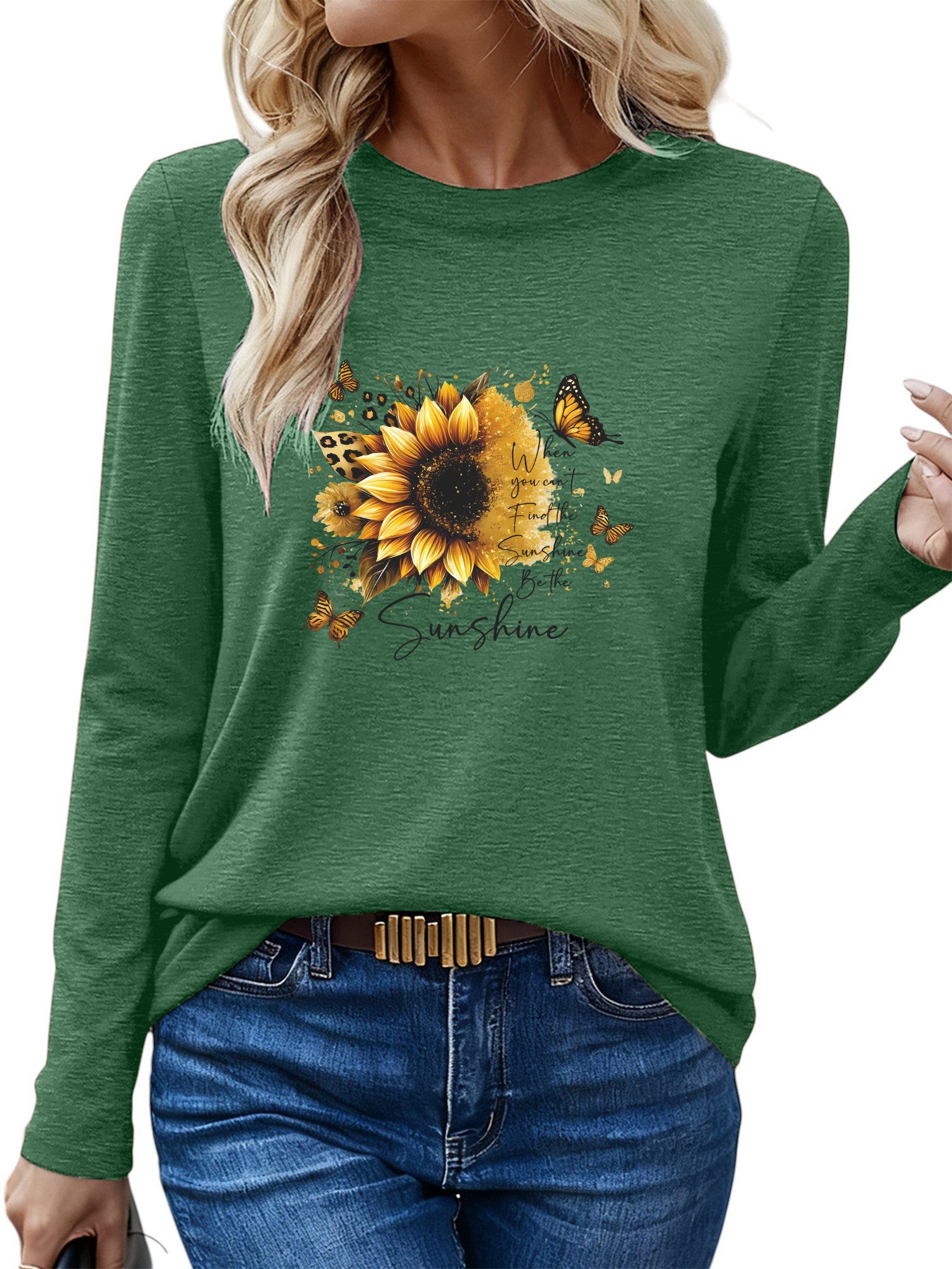 PYLIKE Longsleeve Damen bequemes Basic Rundhalsshirt mit Sonnenblume t shir günstig online kaufen