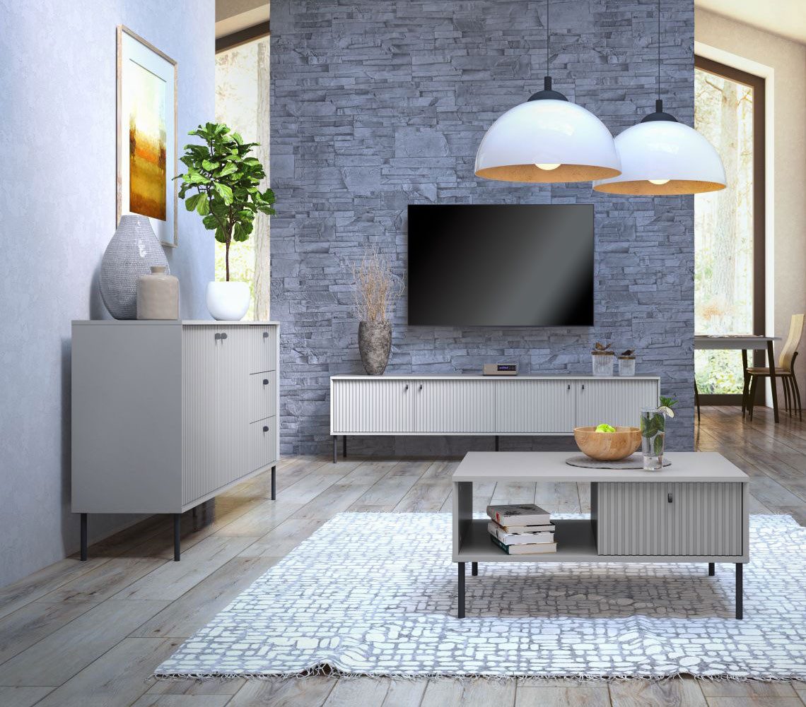 Feldmann-Wohnen Wohnwand Iris, (1 Kommode, 1 Lowboard, 1 Couchtisch, 0-St., moderne Optik, gerillte Fronten, Soft-Close, Griffe & Füße aus Metall), 3-teilig, grau matt; Türen, Holzböden, Glasböden, Schubladen