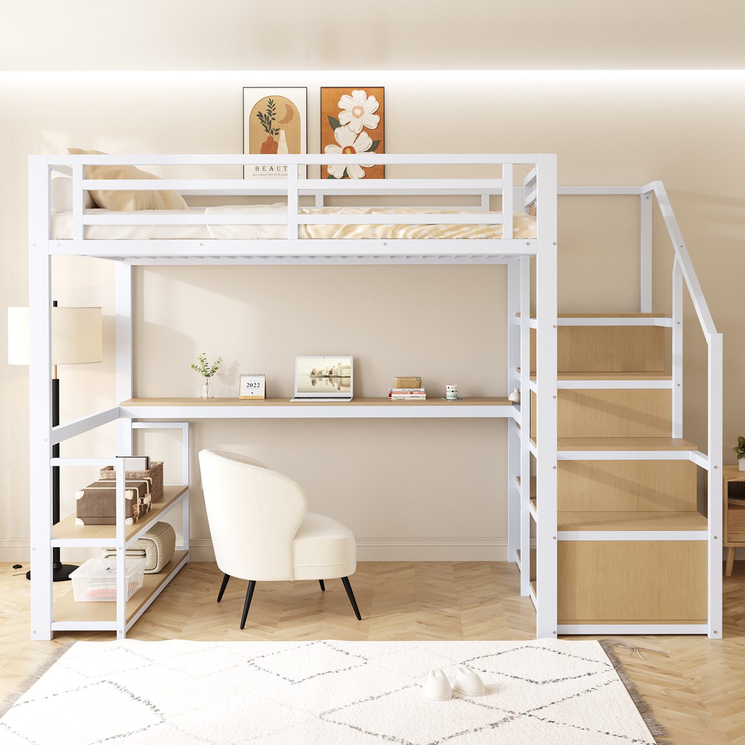 Odikalo Hochbett 140x200 Jugendbett mit Schreibtisch (140*200 Metall-Hochbett mit Aufbewahrungsleiter mit Regalen und Tisch, Sicherheitszaun-Design mit gespleißten Metallplanken, Hohes Eisenrahmenbett mit Metallrahmen für stabile Unterstützung, Weiß / Schwarz)