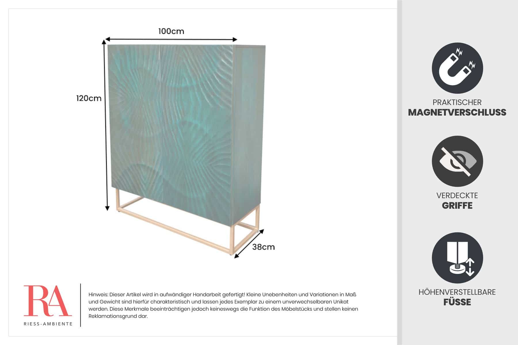 riess-ambiente Highboard SCORPION 120cm türkis/gold - Hochschrank aus Mango-Massivholz (Einzelartikel, 1 St), Metall-Gestell · 3D Schnitzereien · 2 Türen · 6 Fächer · Wohnzimmer