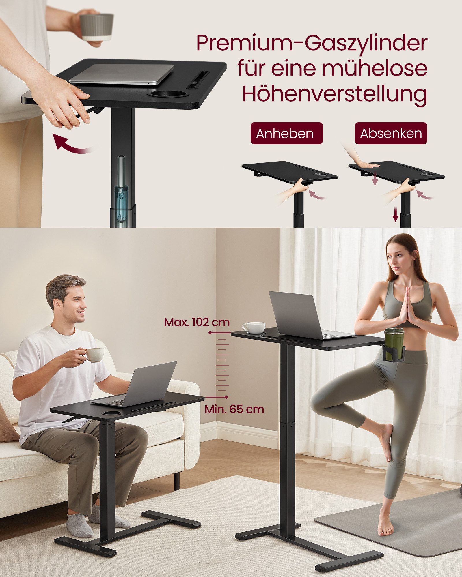 VASAGLE Schreibtisch Beistelltisch mit Rollen, mobiler Stehtisch, verstellbare Höhe, 2 Getränkehalter, Schlitz