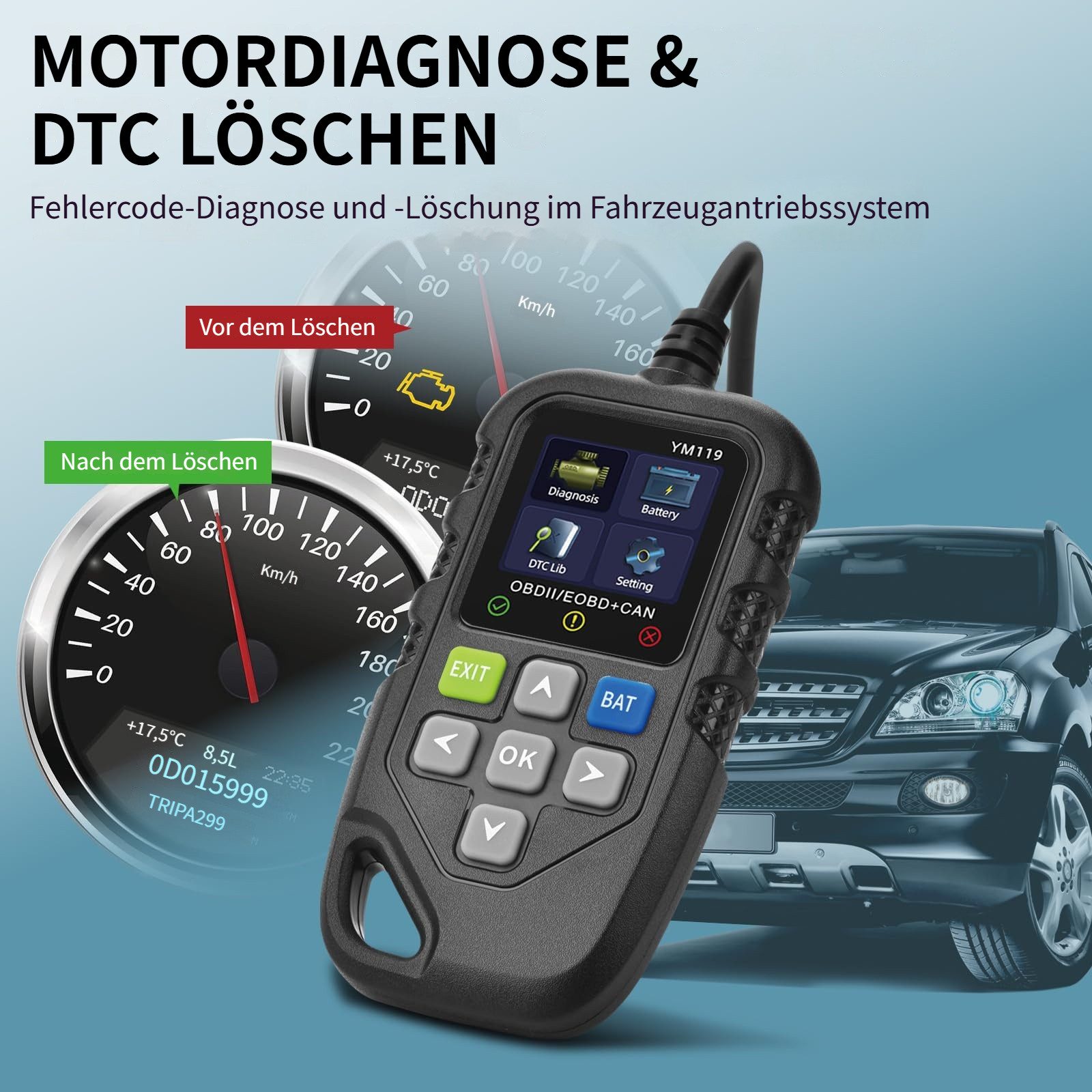 Tekoo OBD2-Diagnosegerät Auto Auslesegerät für Fehlerspeicher & Batterie, Packung, 1x Diagnosegerät inkl. Anschlusskabel, Integrierter Batterietest, unterstützt 9 OBD2-Protokolle, 13 Sprachen