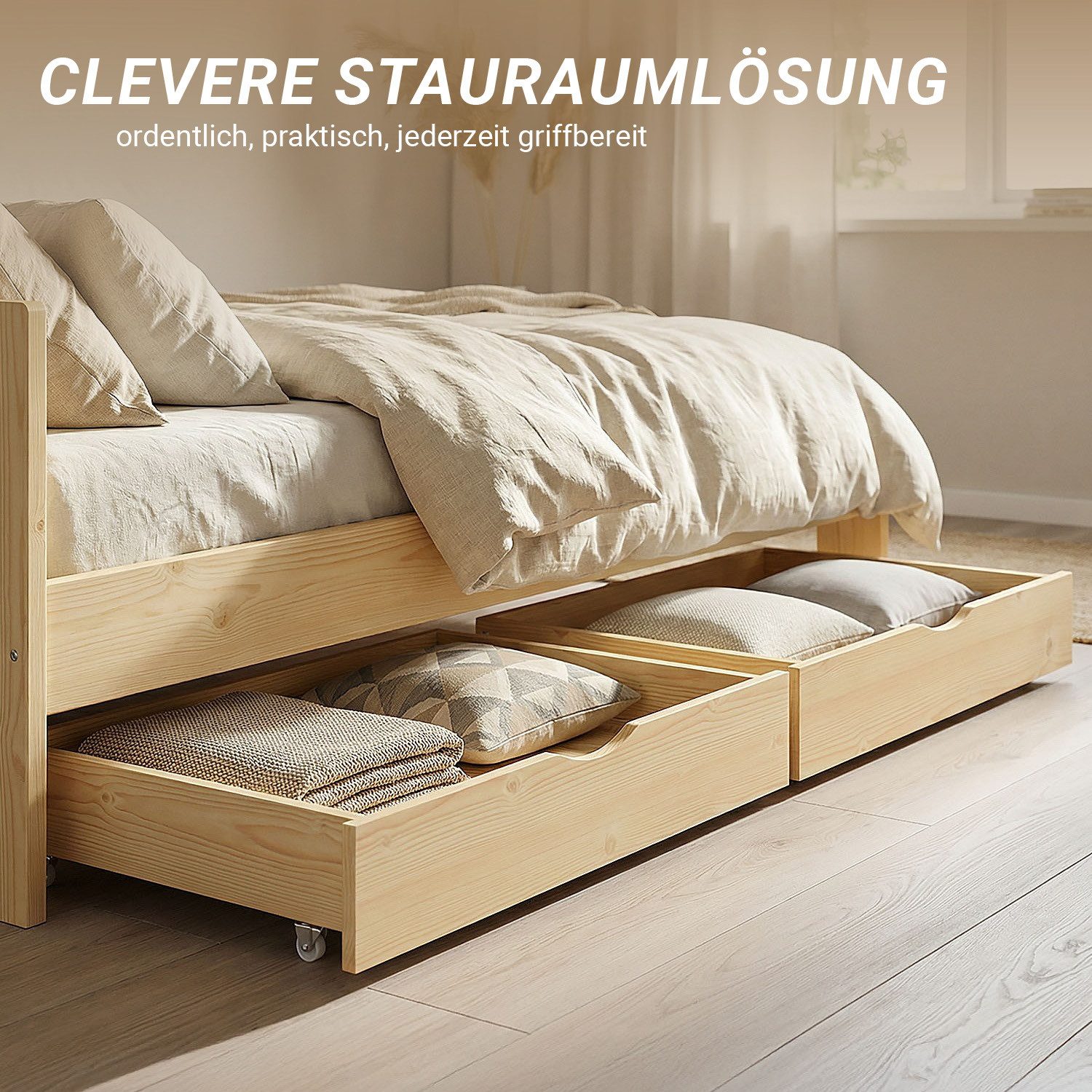 Homestyle4u Bettschubkasten Unterbettkommode 2er Set mit Rollen Bettschublade Bettauszug Natur, Aufbewahrung, für 90x200, 120x200, 140x200, rollbar – Bild 4 von 5