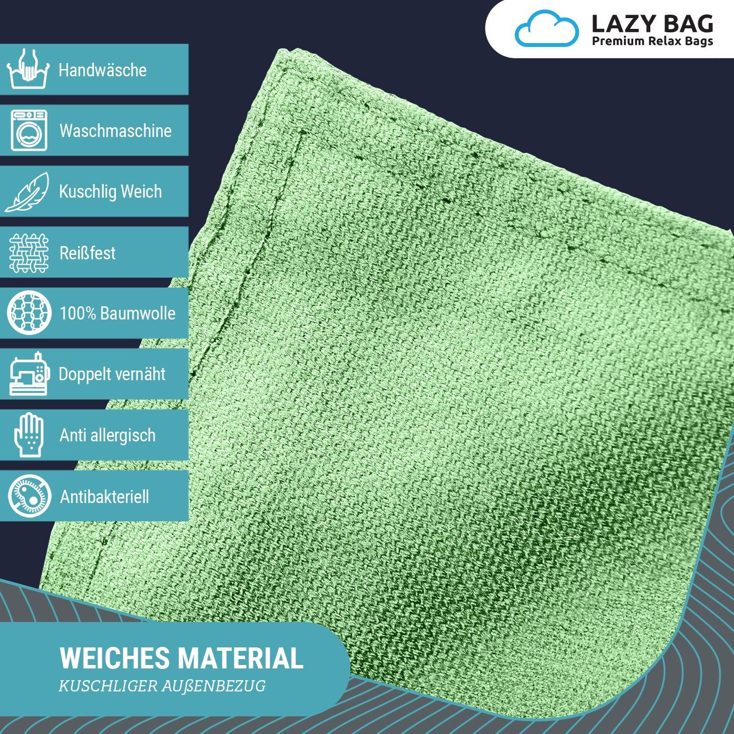 LazyBag Sitzsack LazyBag XXL Sitzsack – Baumwolle, Ergonomisch, Weich & Bequem (Sitzkissen Bean-Bag, Baumwolle Bezug), 180 x 140 cm