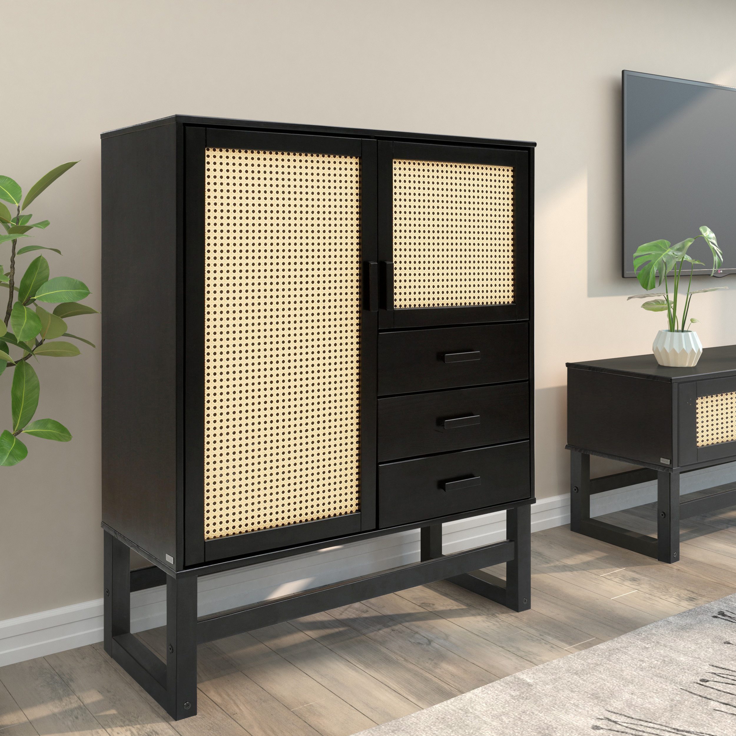 loft24 Highboard Jenna - Mehrzweckschrank Schrank Wohnzimmerschrank, mit Rattangeflecht, 2 Türen, 3 Schubladen, Landhausstil