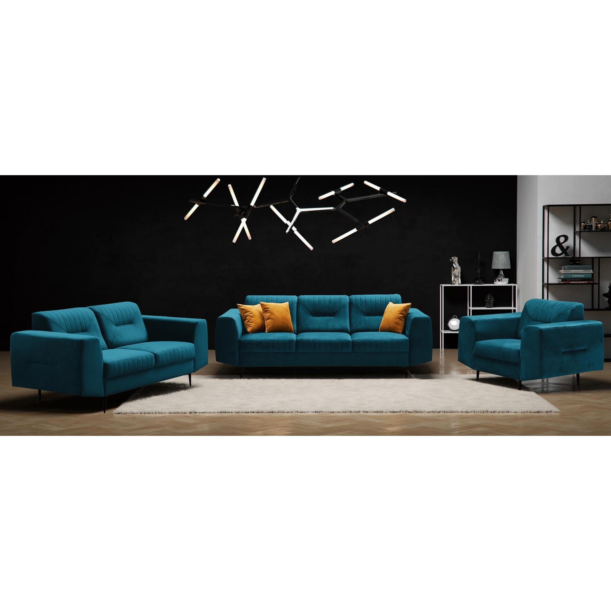 Beautysofa Polstergarnitur VENEZIA, (Sessel + 2-Sitzer Sofa + 3-Sitzer Sofa im modernes Design), mit Metallbeine, Couchgarnituren aus Velours Marine (bluvel 85)