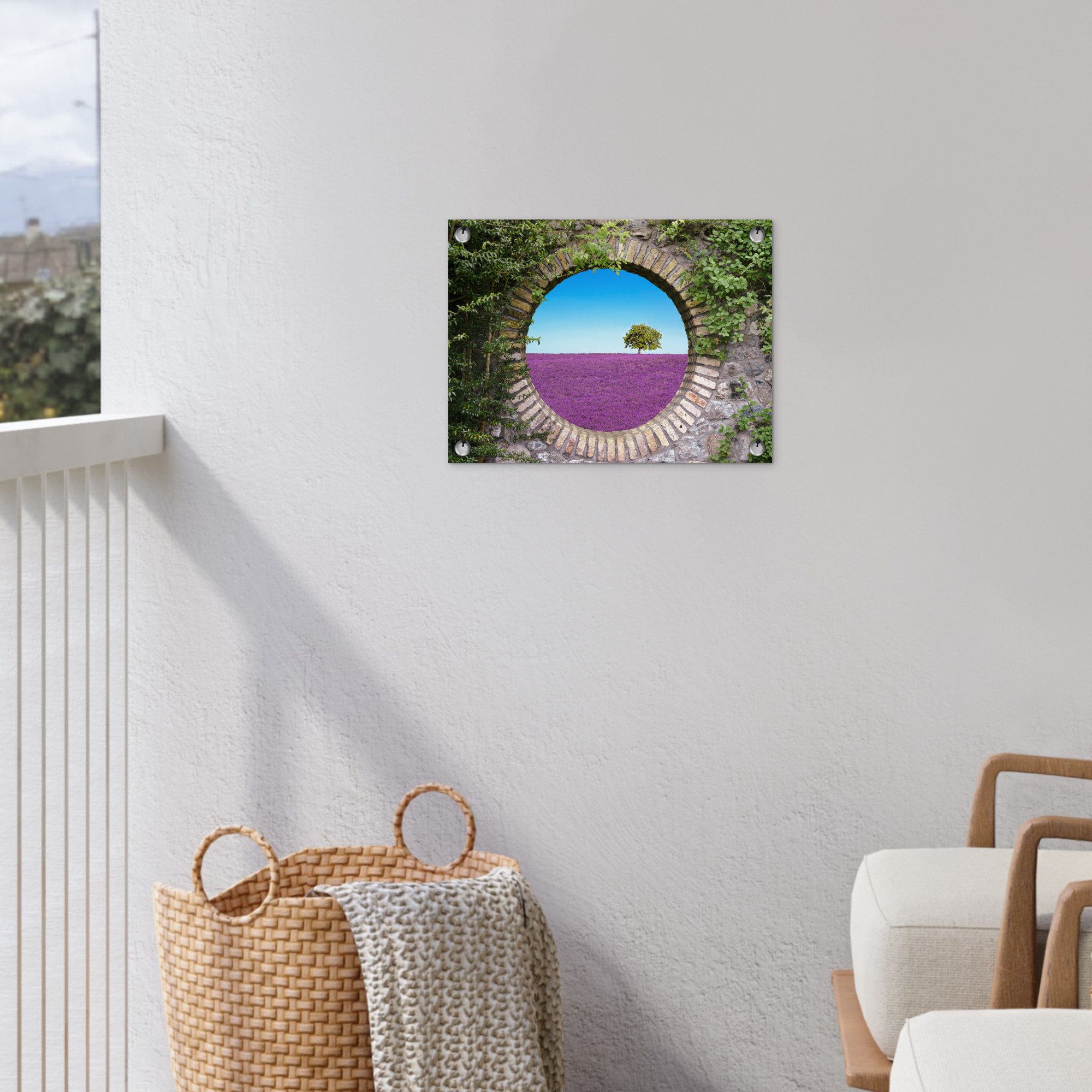 OnlyWow Poster für Garten Lavendel - Ausblick - Blumen - Sommer, Gartenposter, Outdoor Bilder, Gartendekoration Bild, 40x30 cm