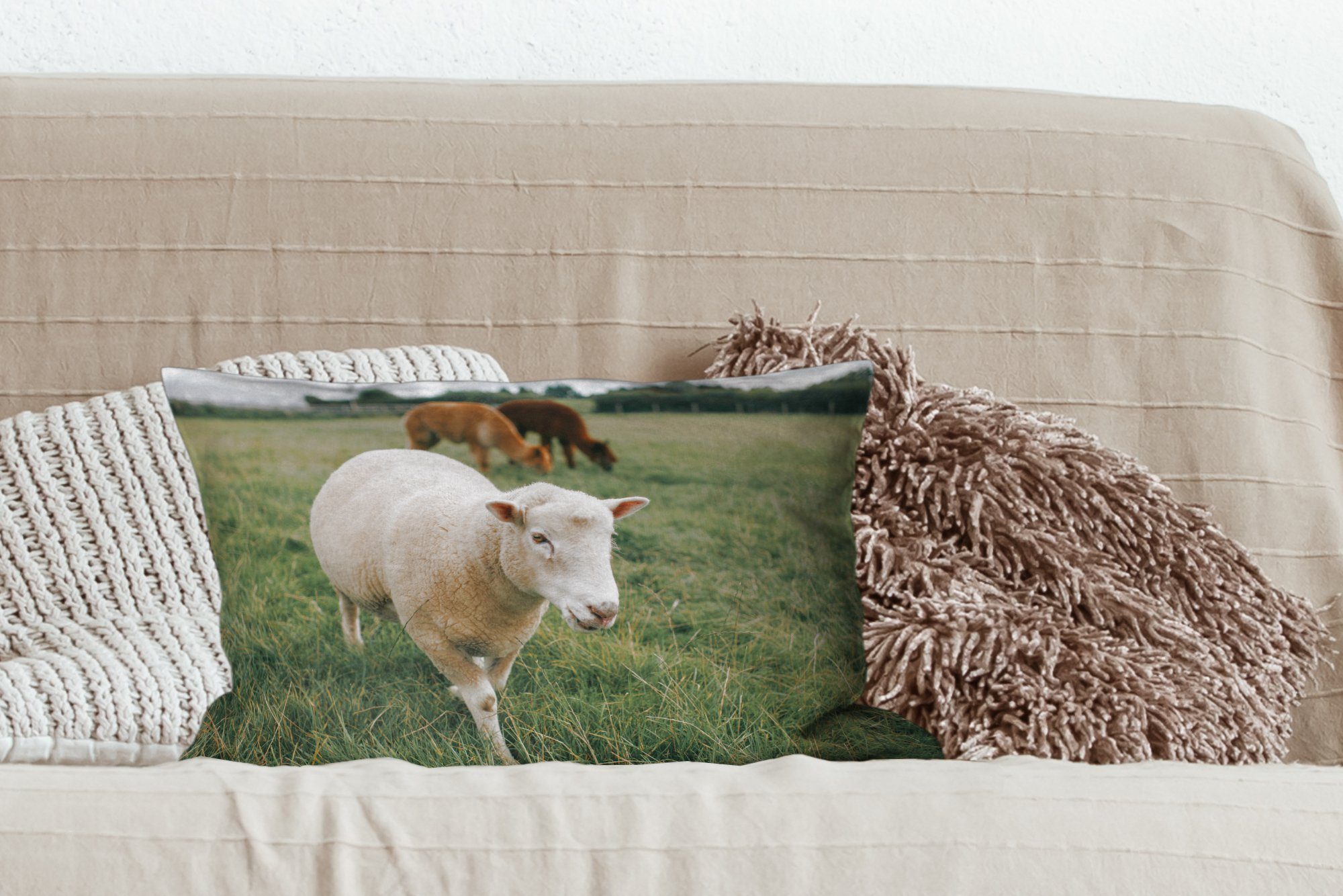 MuchoWow Dekokissen Schafe Gras, Zierkissen, mit Dekoration, - Dekokissen - Wohzimmer Schlafzimmer Tiere Füllung