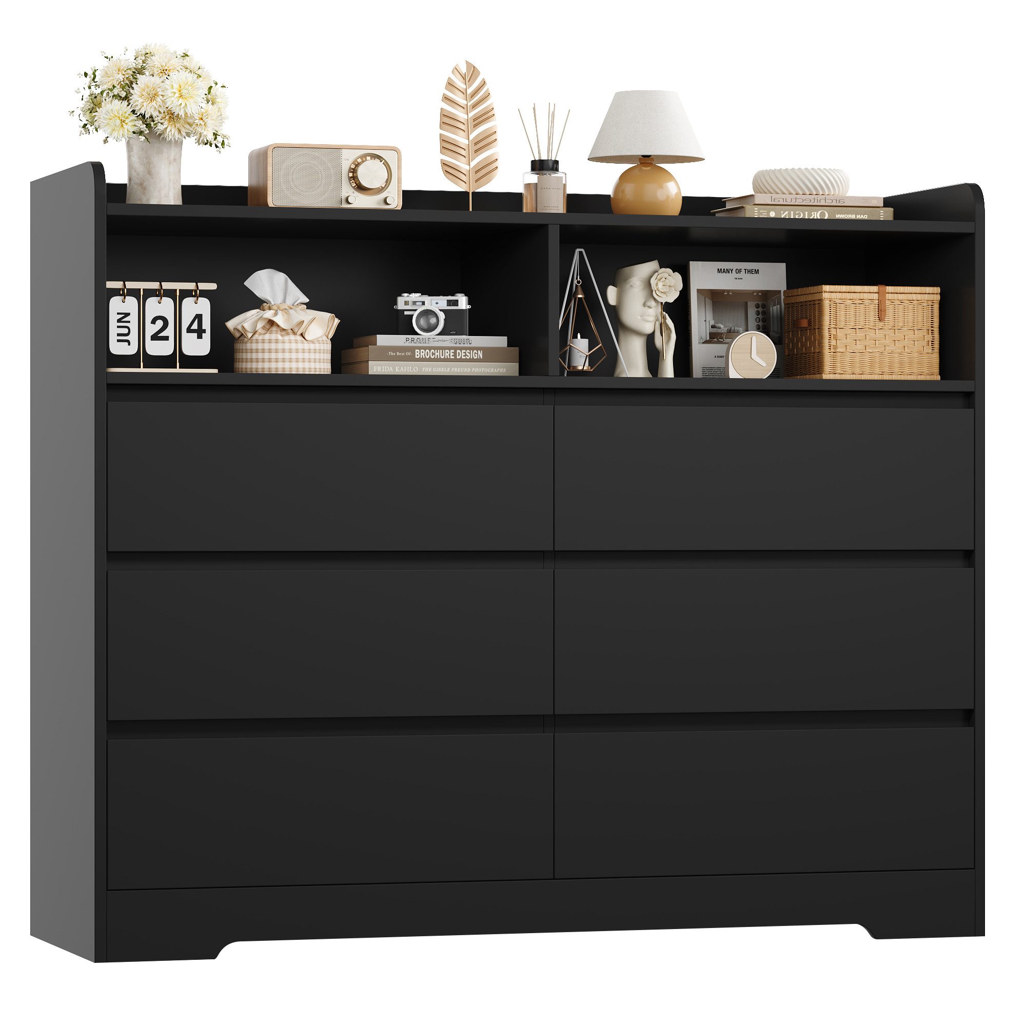 Homfa Kommode Sideboard Komodenschrank, mit 6 Schubladen und 2 offenen Fächern, Breite 120cm Höhe 100cm