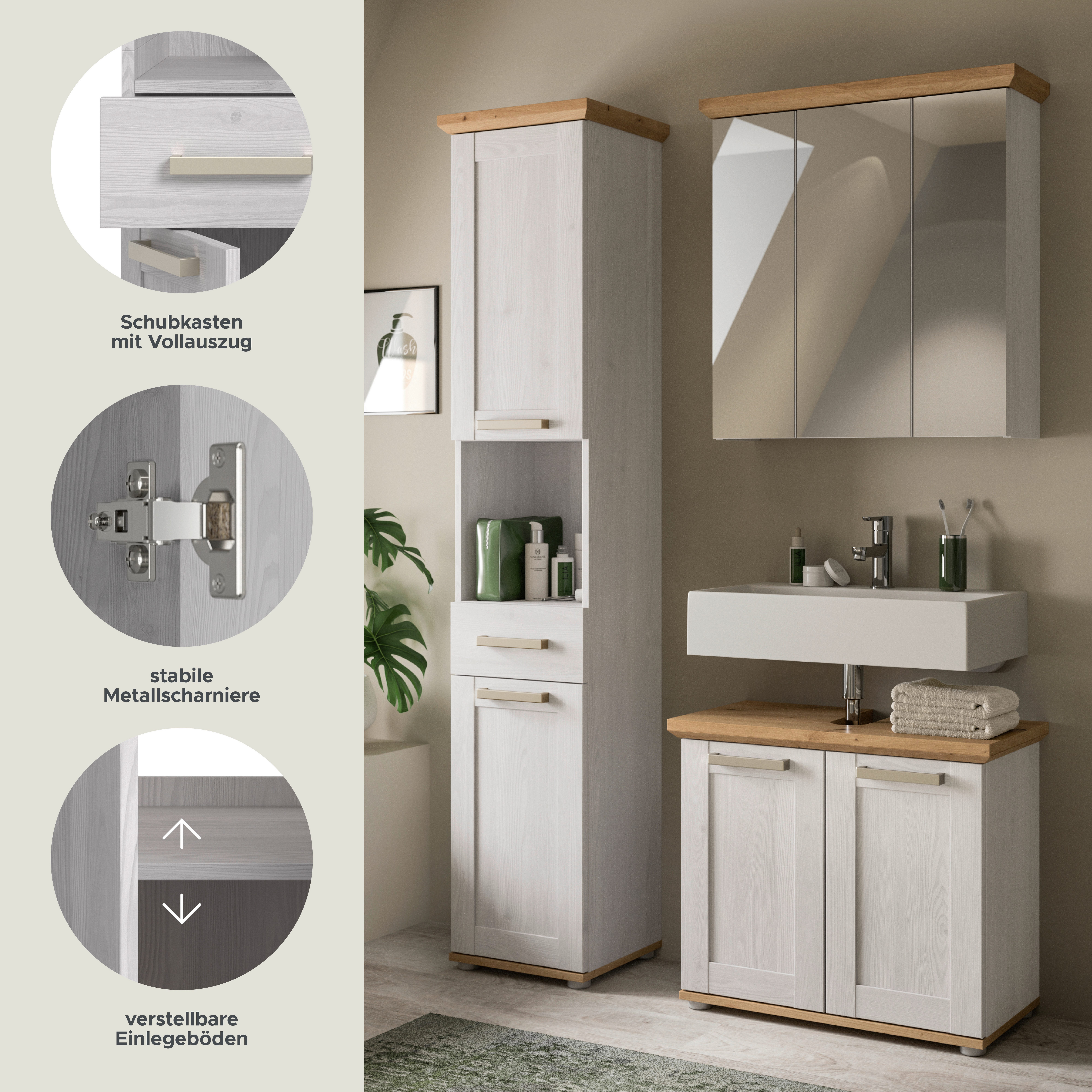 welltime Badmöbel-Set COSENZA, 3-teilig, in Landhausoptik, mit farblich abgesetztem Kranz, (3-St., best. aus: Hochschrank, Spiegelschrank und Waschbeckenunterschrank), Bad-Kombination, Badezimmer, Kombi, Bad, Bad-Möbel