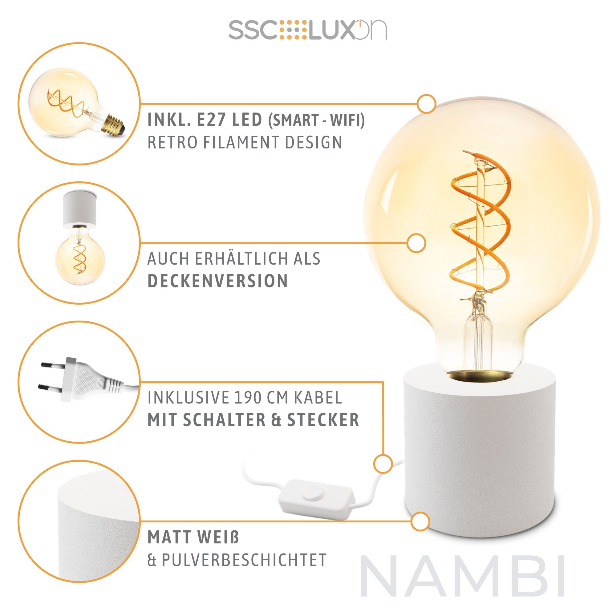 NAMBI Stecker mit weiss LED Filament Tischleuchte Kabel SSC-LUXon mit Warmweiß & rund Bilderleuchte LED,