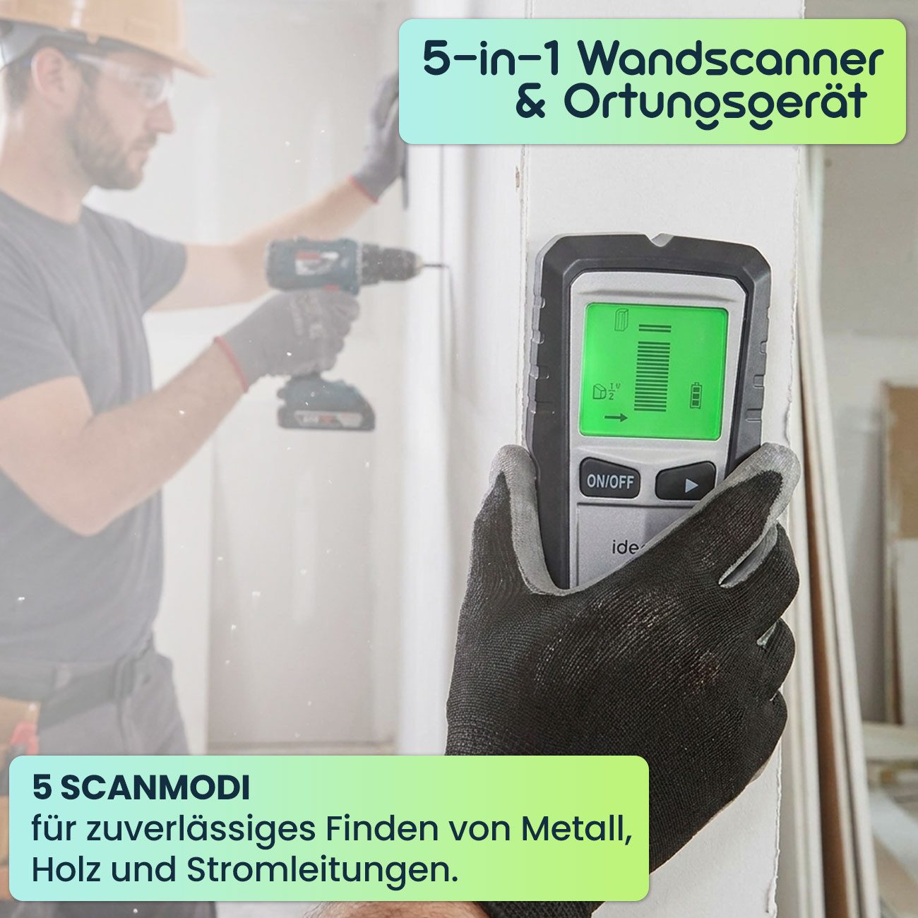 shop'n smile ideoon Leitungsortungsgerät Wandscanner & Ortungsgerät 5-in-1 mit Display & Warnsignal, Ortung von Metall, Strom & Holz, 140 g, 16,4 x 7,5 x 3,4 cm