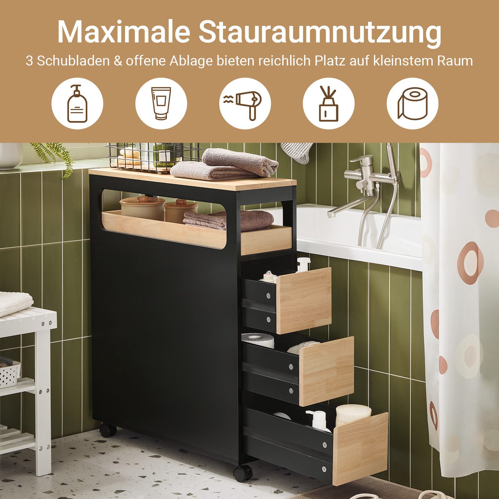 SoBuy Beistellwagen BZR54, Badezimmerschrank mit Rollen, Badschrank schmal, günstig online kaufen