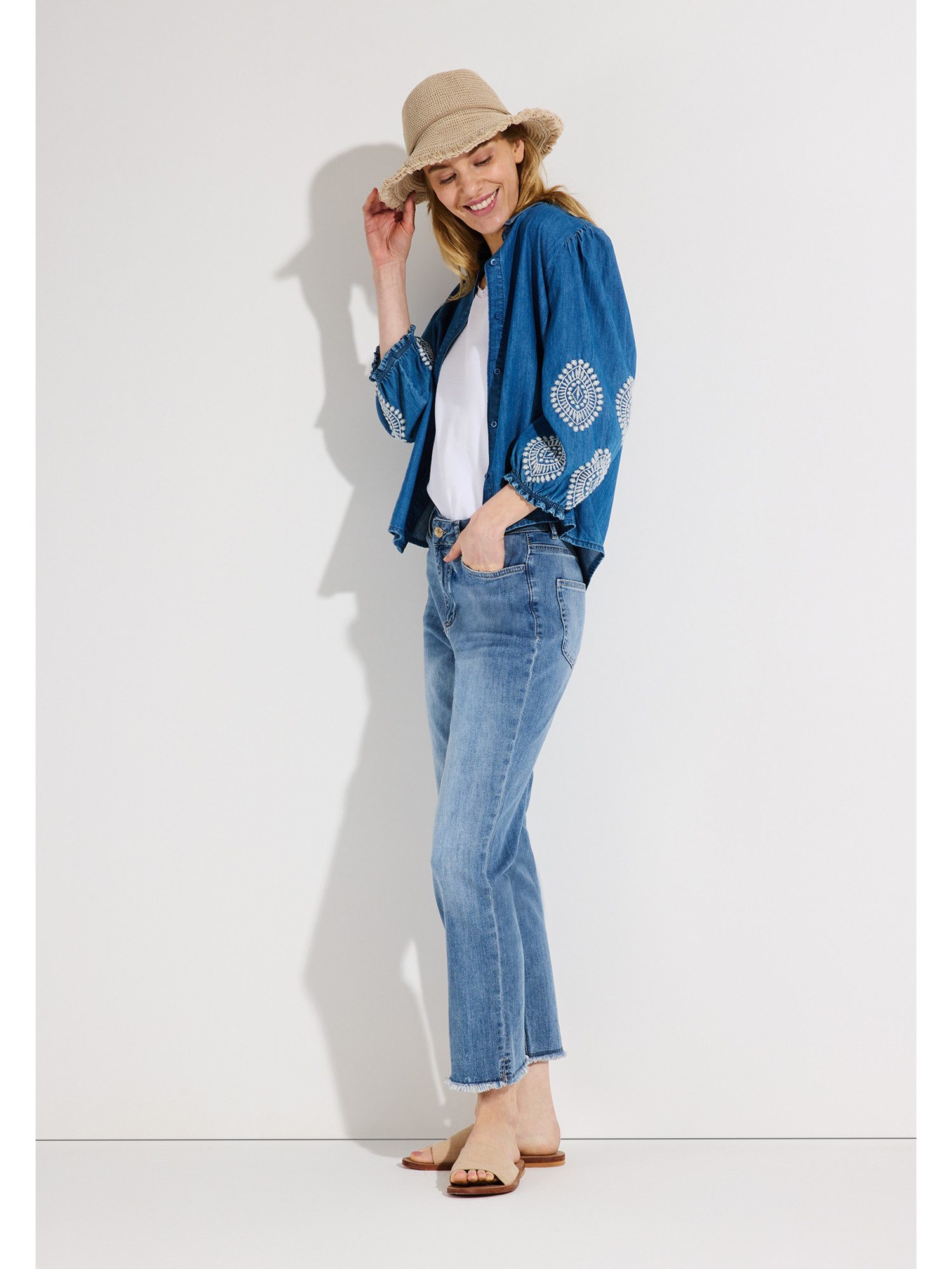 MORE&MORE Klassische Bluse leichte, lässige 3/4 Arm Jeansbluse, bestickt