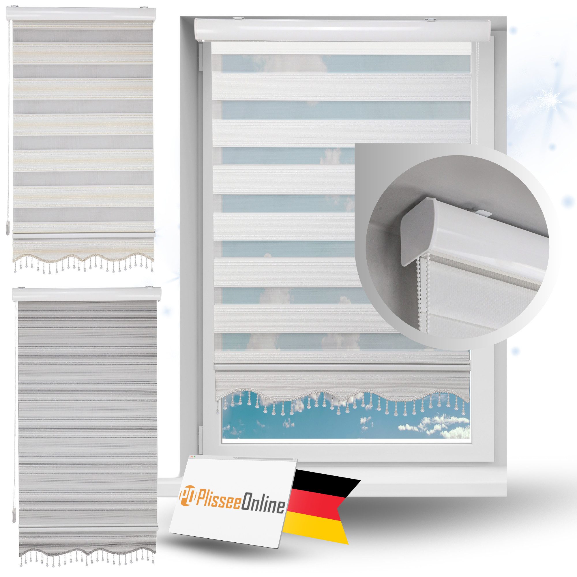 Doppelrollo Duorollo mit Kassette und Perlen in Weiß, Grau, Gold Höhe: 200 cm, Plisseeonline, blickdicht, Deckenmontage, Inkl. Montagezubehör Schrauben und Dübel, Decke oder Wand, mit Kindersicherung