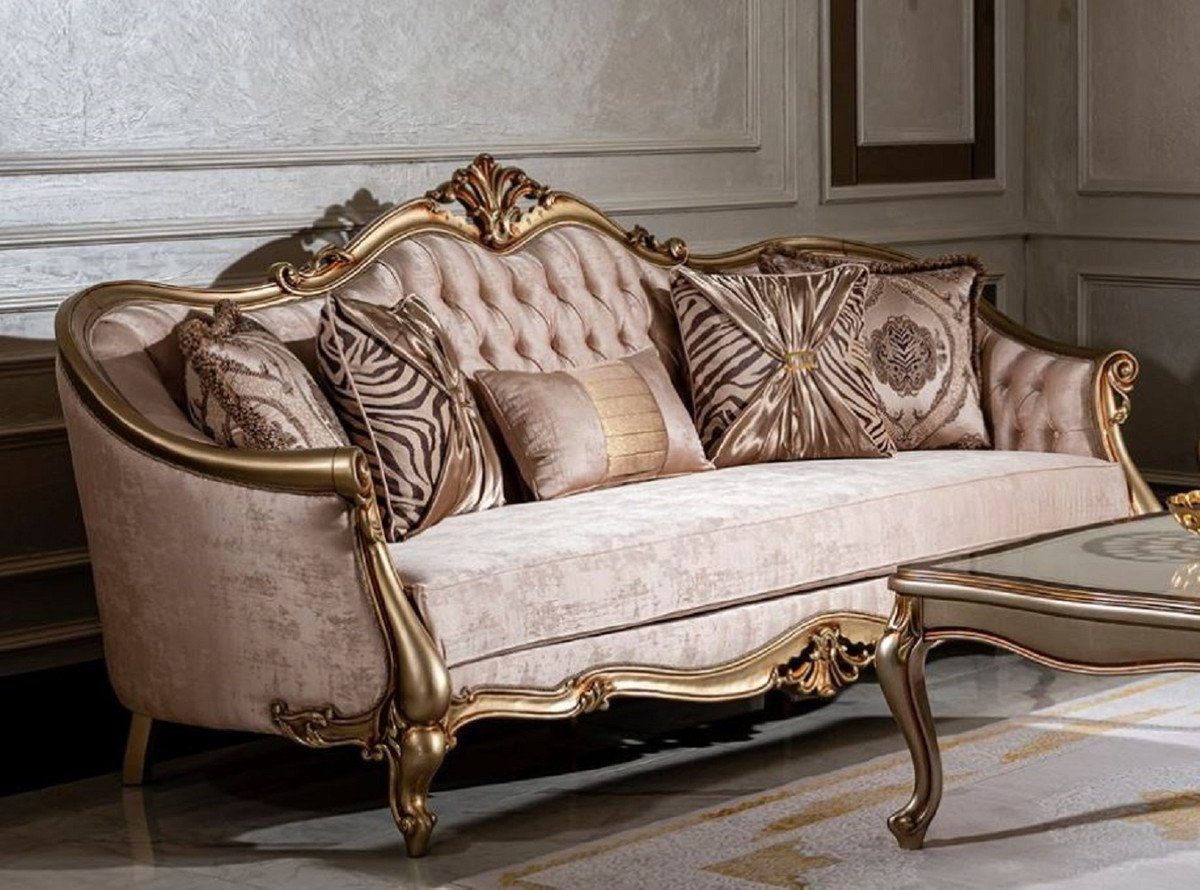 Casa Padrino Sofa Luxus Barock Sofa Rosa / Gold - Handgefertigtes Wohnzimmer Sofa mit dekorativen Kissen - Wohnzimmer Möbel - Barock Möbel