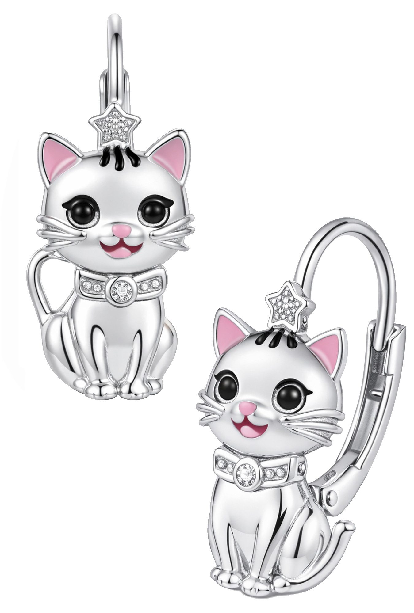 Limana Paar Ohrhänger Kinder Mädchen Ohrringe Katze echt 925 Silber rhodiniert Brisuren (Silberschmuck Kinderohrringe Echtschmuck Schmuck inkl. Dose), Geschenk Einschulung Schulanfang Ostern Geburtstag Weihnachten