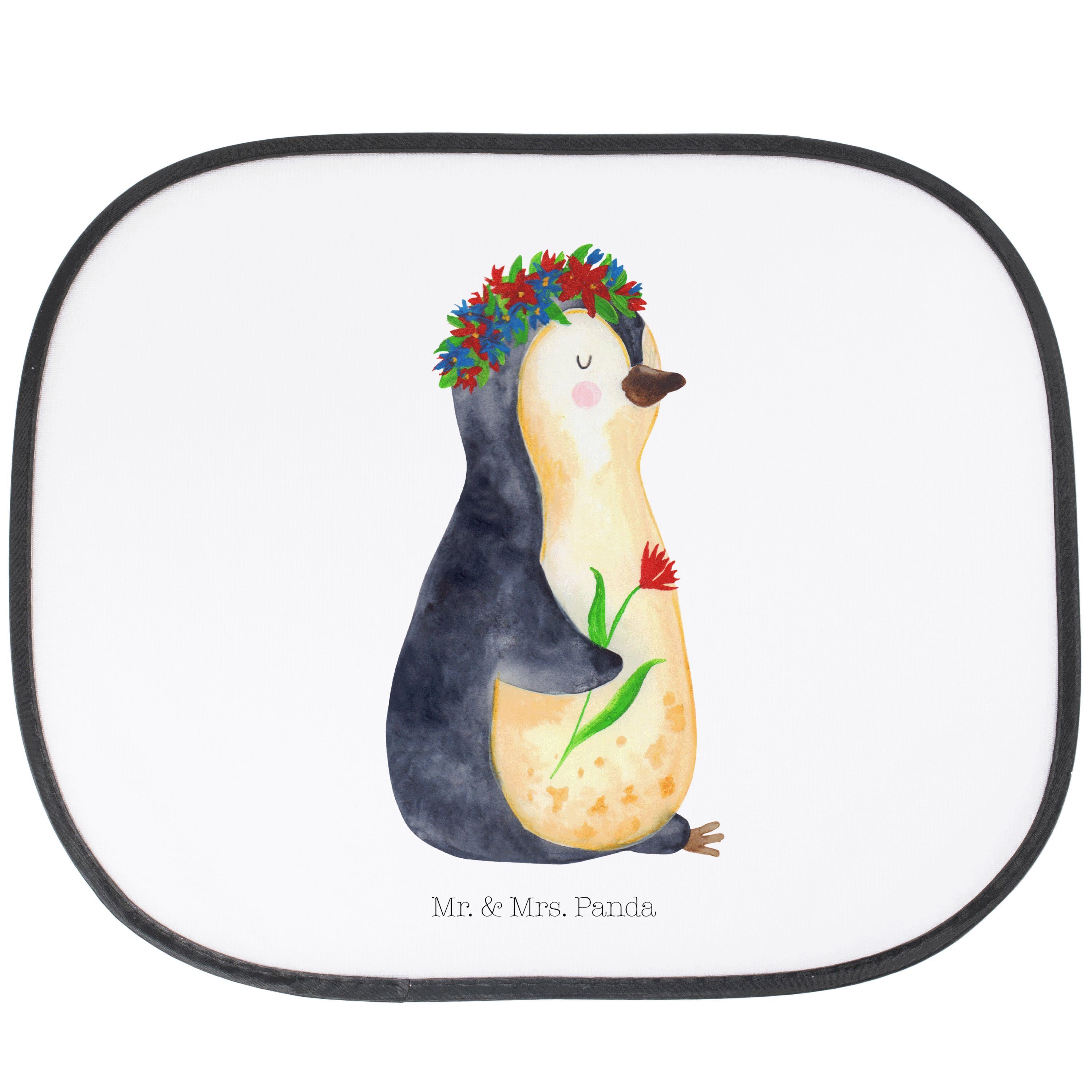 Sonnenschutz Pinguin Blumenkranz - Weiß - Geschenk, Leben, Ziele, Sonnenschutzfoli, Mr. & Mrs. Panda, Seidenmatt | Fensterfolien
