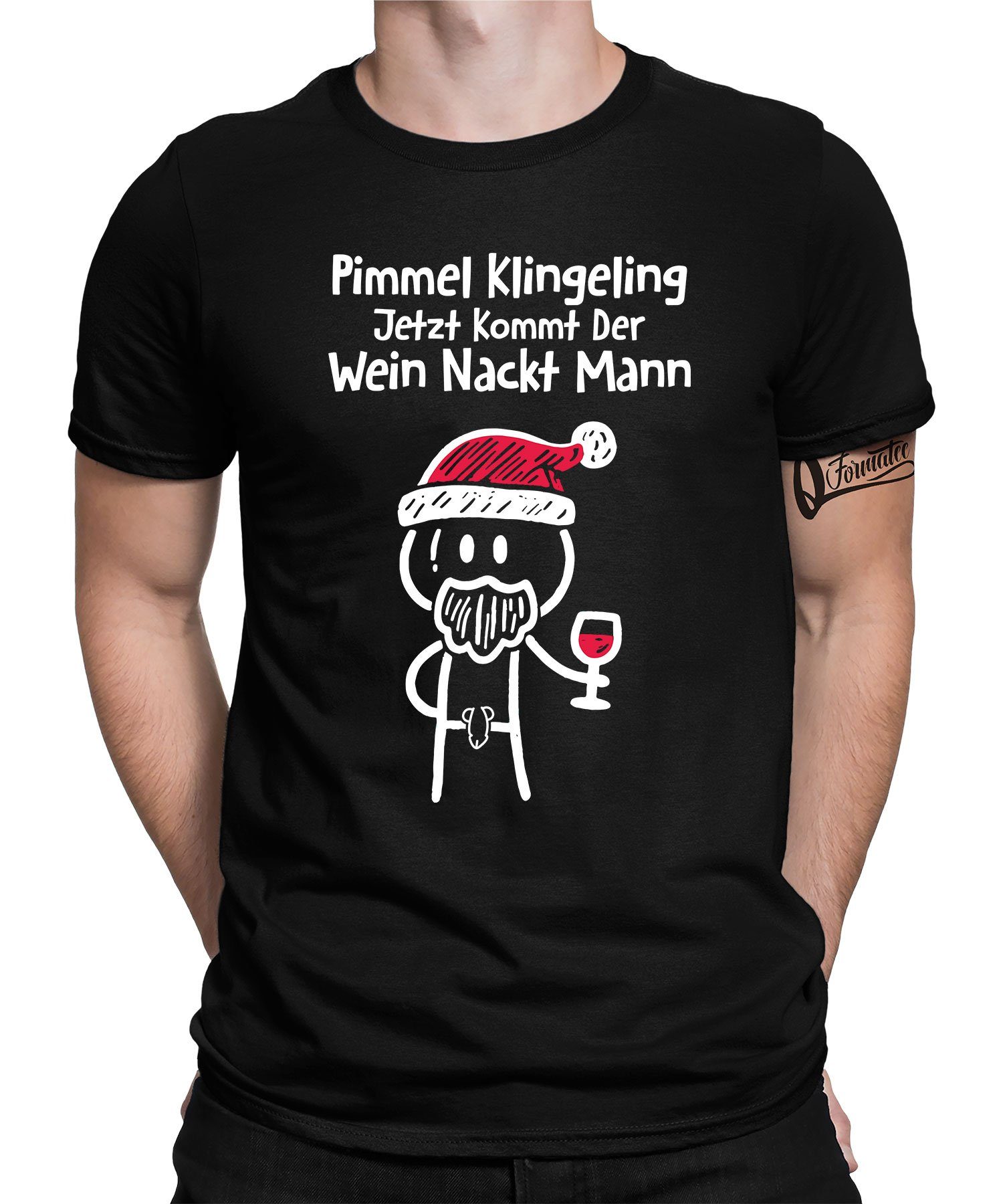 Quattro Formatee Kurzarmshirt Wein Nackt Mann - Weihnachten X-mas Christmas Herren T-Shirt (1-tlg) Schwarz