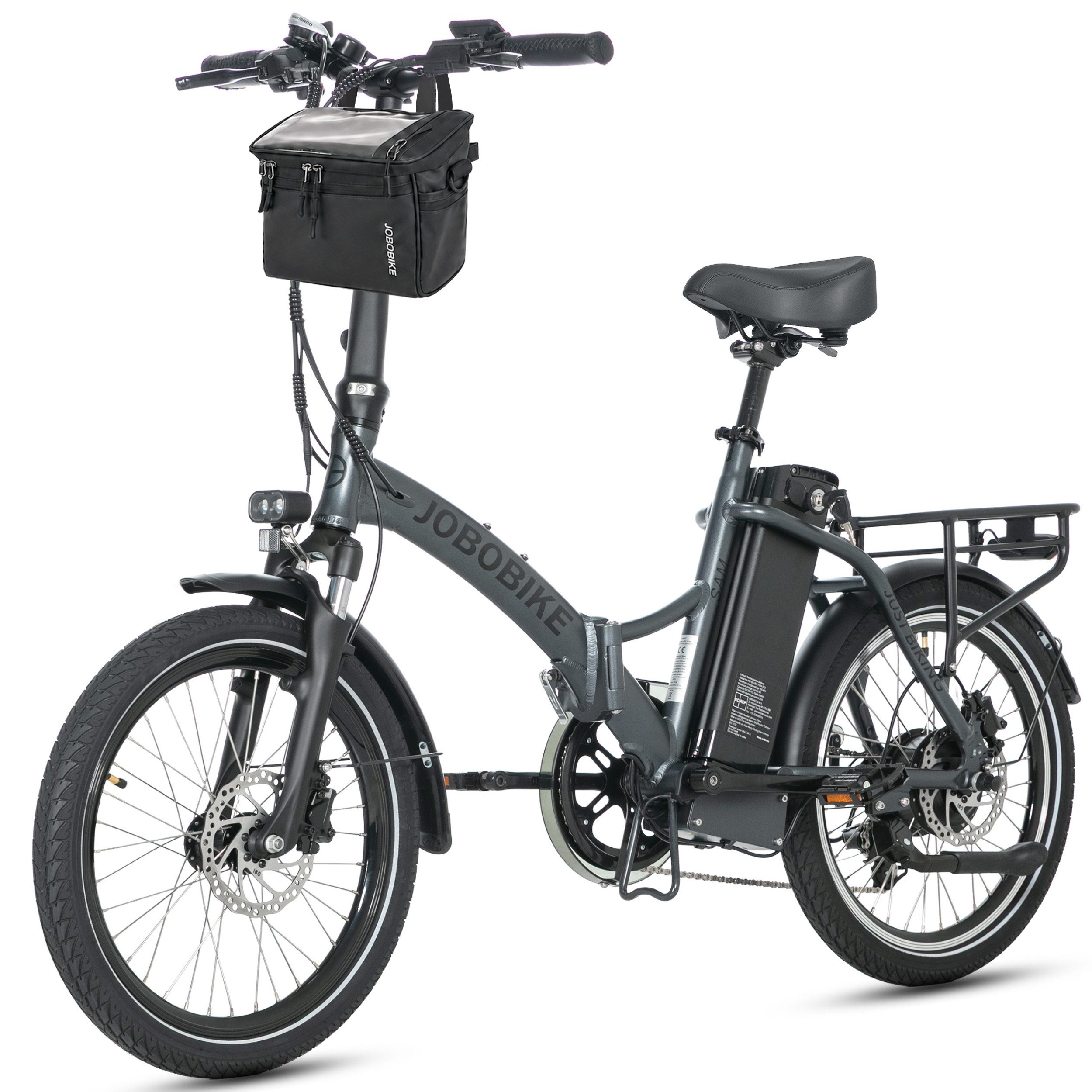 JOBOBIKE E-Bike Klapprad 20 Zoll Faltrad, Cityrad, Pedelec, 60-110km, für Damen und Herren, 7 Gang Shimano, Kettenschaltung, Heckmotor, 468 Wh, (mit Sattelrohr-Akku, mit Tiefeinsteiger-Rahmen, 5 Stufen), Faltrahmen, Federgabel,nur ca. 23kg, Elektrofahrrad mit Gepäckträger