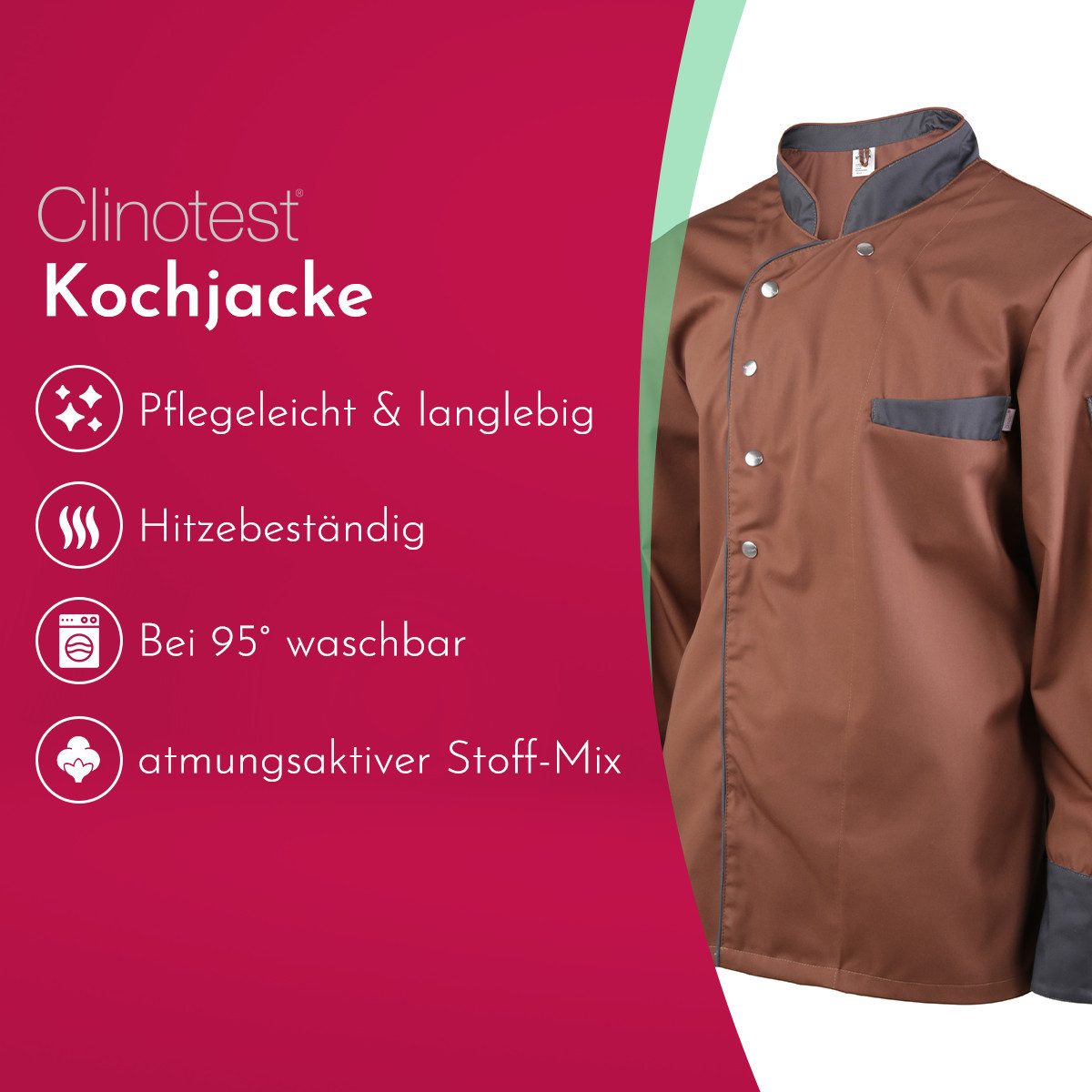 Clinotest Kochjacke langarm - 95 Grad waschbare, kochfeste Kochjacken ohne Einlaufen (1-St) Kochhemd aus 65% Polyester, 35% Baumwolle, mit Druckknopfverschluss