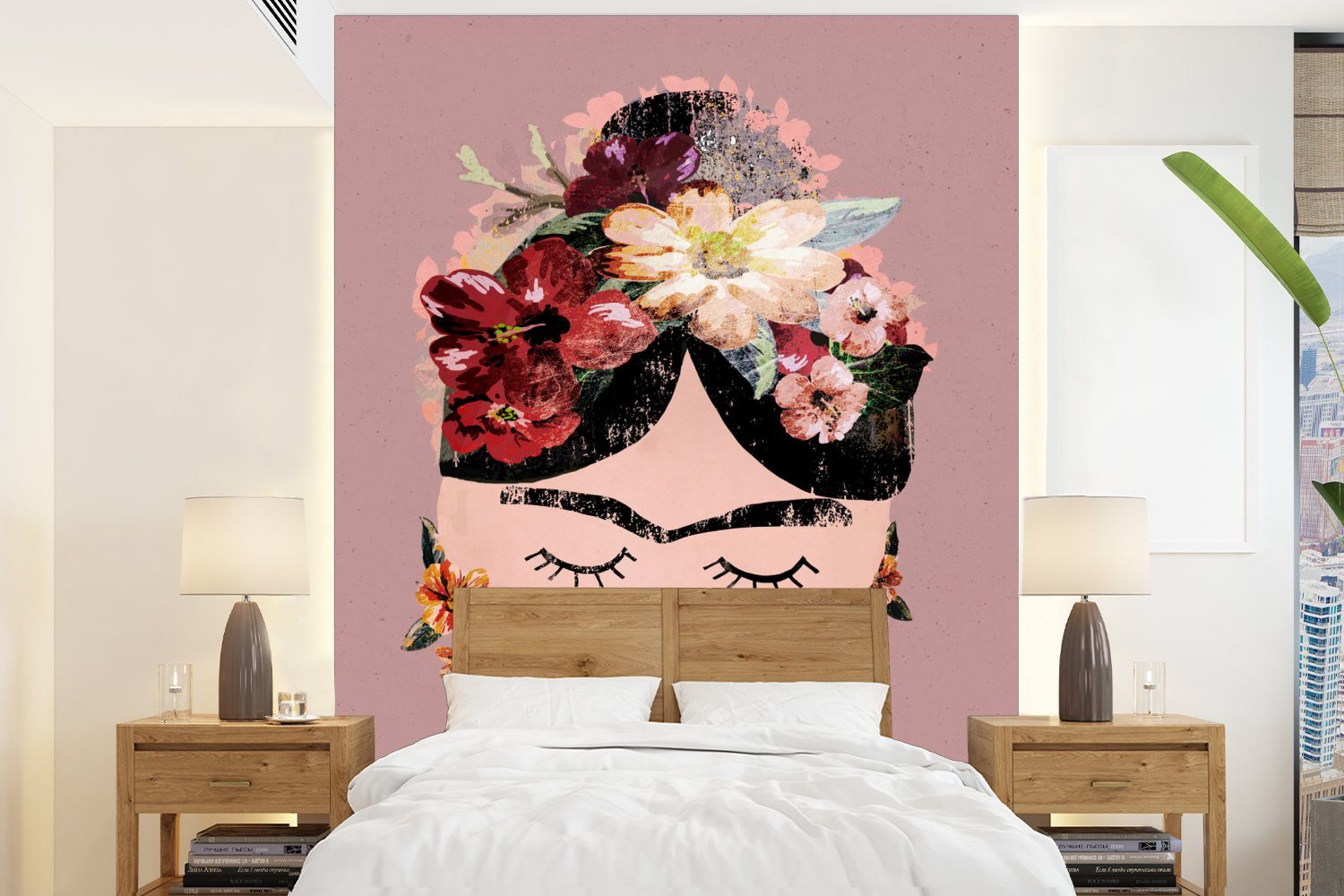 Pastell Wohnzimmer, bedruckt, (4 - Frida Tapete Blumen - Kunst Montagefertig Wandtapete Vinyl St), - - MuchoWow für Matt, Fototapete Kahlo, Frau