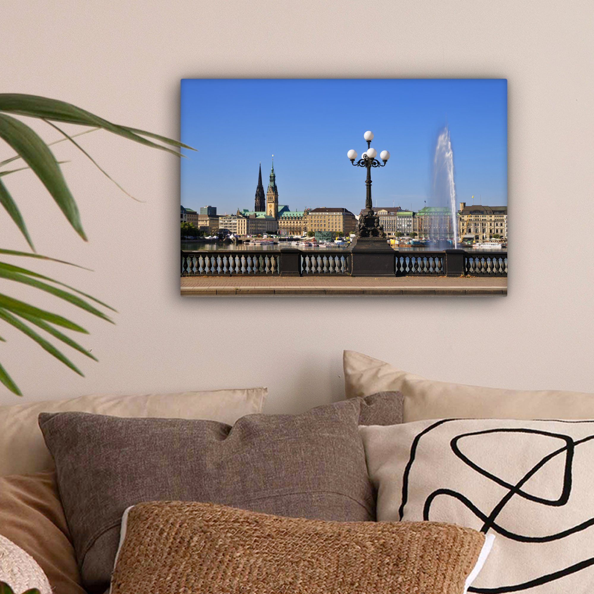 OneMillionCanvasses® Hamburg (1 Aufhängefertig, Wanddeko, Leinwandbilder, Rathaus - Leinwandbild St), Springbrunnen, cm Wandbild 30x20 -