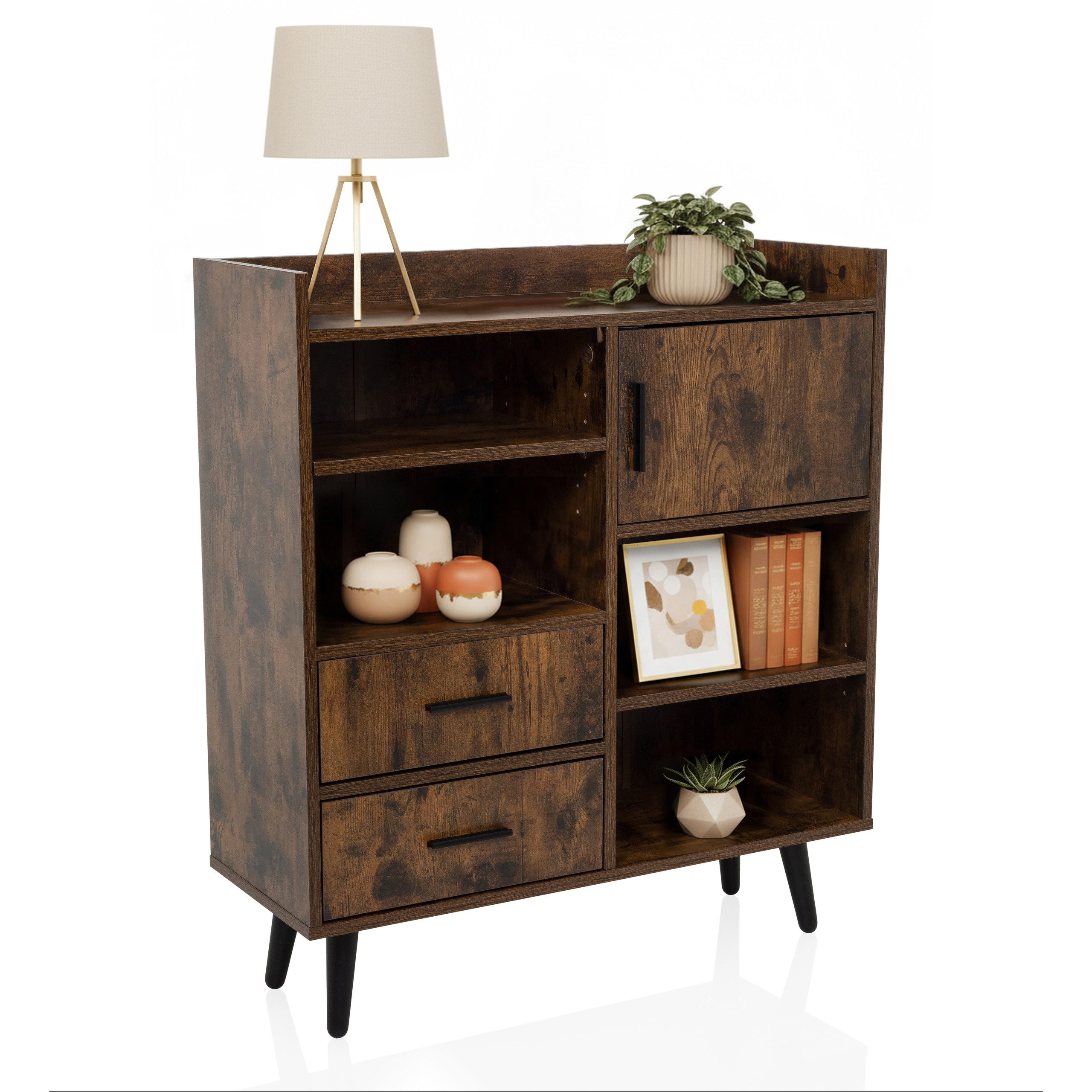 hjh LIVING Kommode MYRDAL Sideboard H/B/T: 90.0 x 80.0 x 30.0 cm, Highboard Anrichte mit 2 Schubladen 1 Tür, Industrial-Stil, Holzfuß