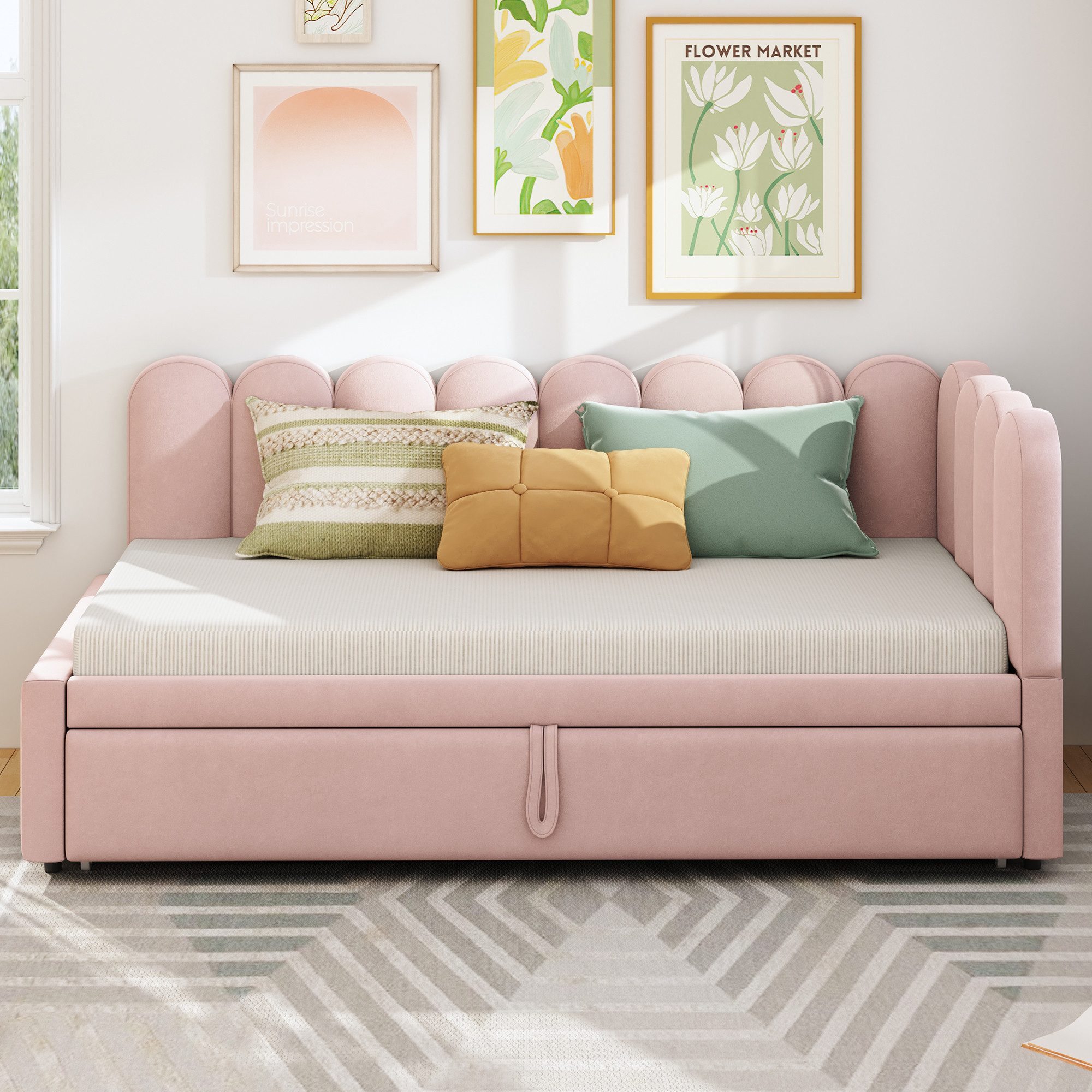 Merax Daybett 90/180x200cm mit Ausziehbett (1 tlg), L-förmiges Schlafsofa Polsterbett Tagesbett mit Lattenrost, Samt