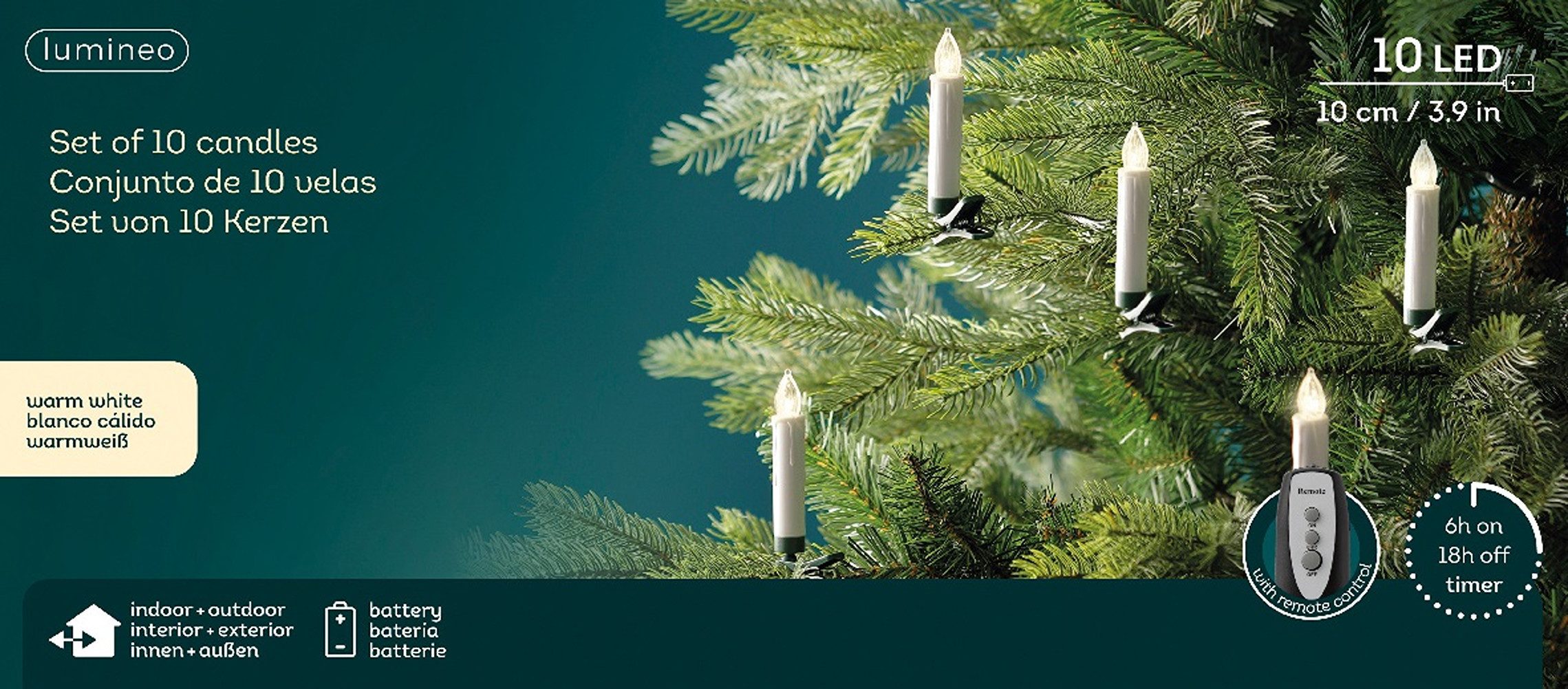 Lumineo LED-Christbaumkerzen Lumineo LED Kerzen Weiß 10 Stück, warm weiß, mit Fernbedienung, Indoor/Outdoor, 6h-Timer, AAA-Batterien, IP44