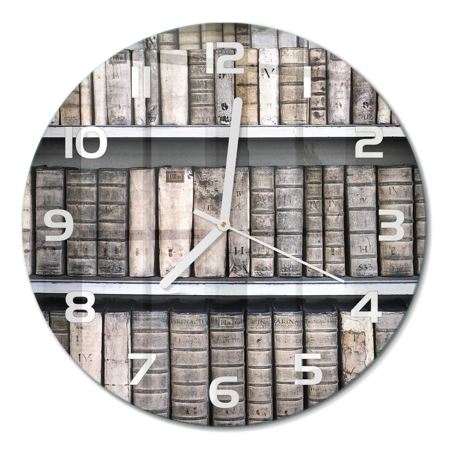 Tulup Wanduhr Moderne Glasuhr mit hochwertigem Druck unter der Glasfläche (Bücherregal, Beige)