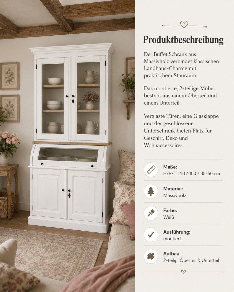 Wohnpalast Buffet Buffet Schrank Berlin 100 cm mit Eiche weiß Landhaus- Stil