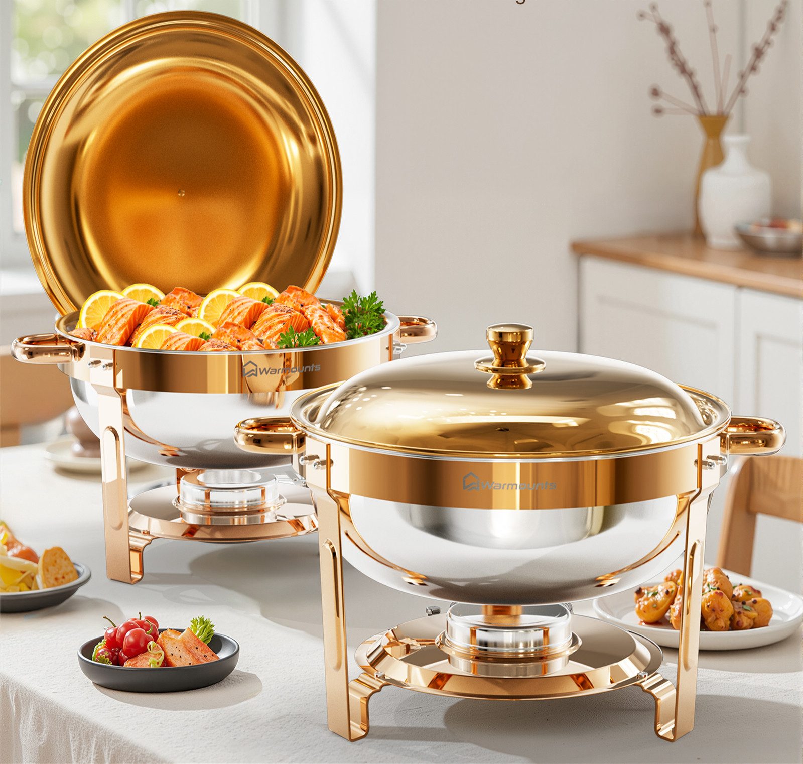Warmounts Speisenwärmer Buffetwärmer, (2-tlg., Chafing Dish Set 4,7L Rund Edelstahl, Roségold), stapelbar, mit Deckel und Deckelhalter, für Catering & Partys