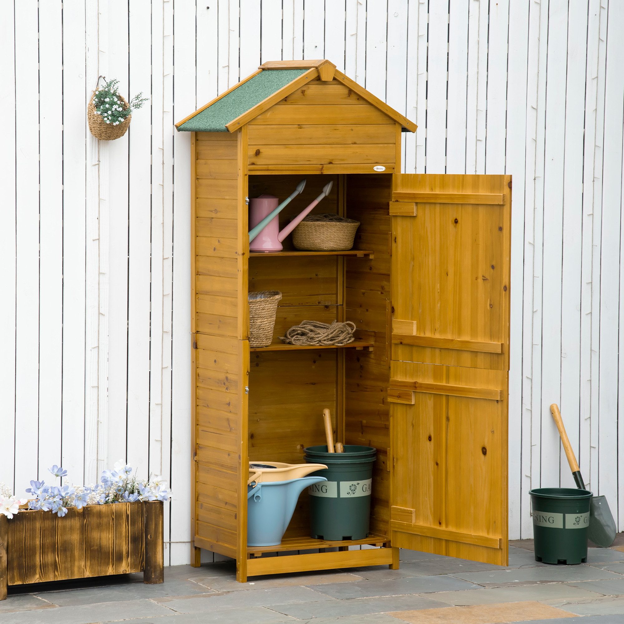 Outsunny Gerätehaus Gartenschrank Holz, Geräteschuppen wetterfest, mit Doppeltür, BxT: 79x49 cm, (Gartenschrank, 1 St., Geräteschrank), für Garten, Naturholz
