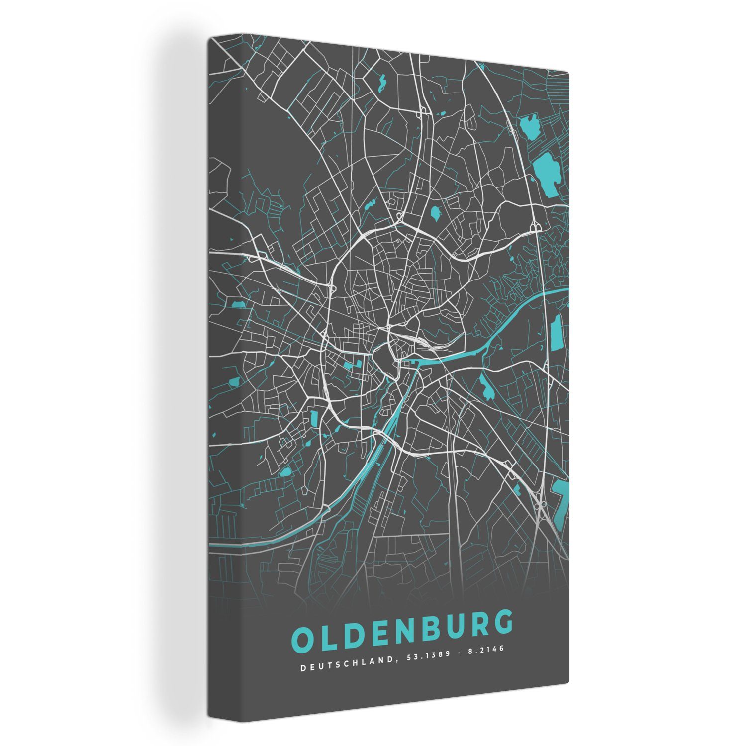 OneMillionCanvasses® Leinwandbild Oldenburg - Stadtplan (1 - - Karte - cm Leinwandbild fertig Blau Deutschland, 20x30 Zackenaufhänger, inkl. bespannt St), Gemälde
