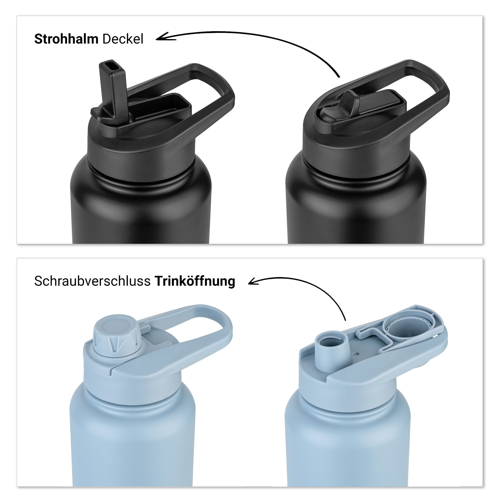 Vinsun Isolierflasche Edelstahl Trinkflasche 750ml Strohhalm - 2 Deckel Thermoflasche, BPA frei, doppelwandig, auslaufsicher, bruchsicher, geruchsneutral