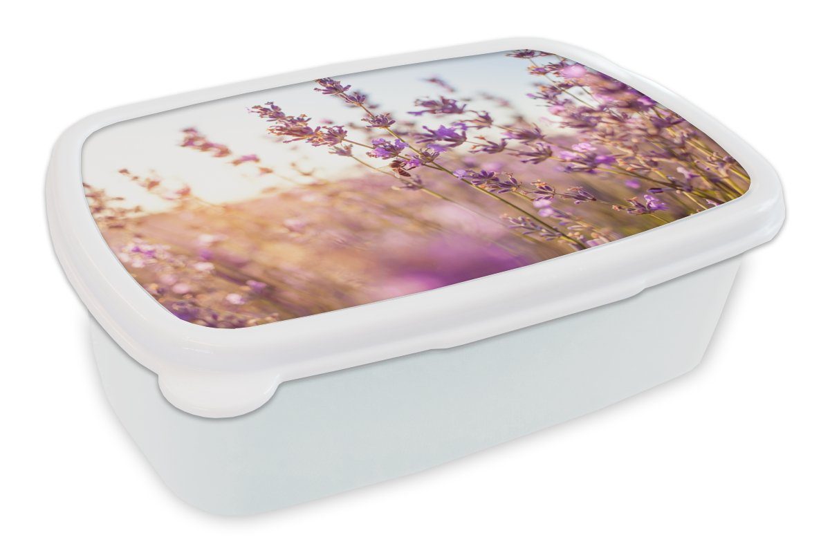 MuchoWow Lunchbox Lavendel - Nahaufnahme - Sonne - Blumen - Lila, Kunststoff, (2-tlg), Brotbox für Kinder und Erwachsene, Brotdose, für Jungs und Mädchen weiß
