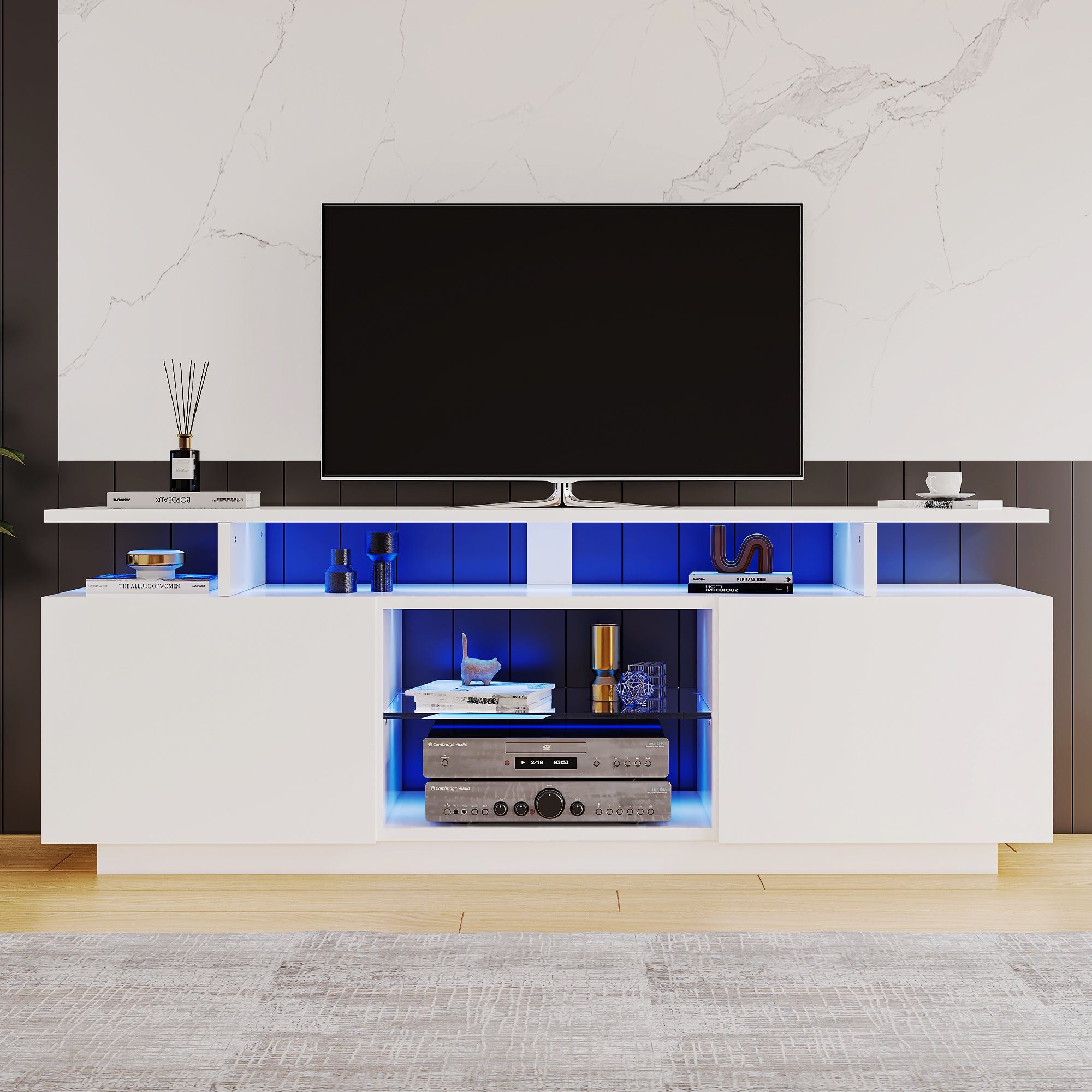 OKWISH TV-Schrank Moderner LED-Beleuchtung 16-farbiger TV-Schrank mit weißer