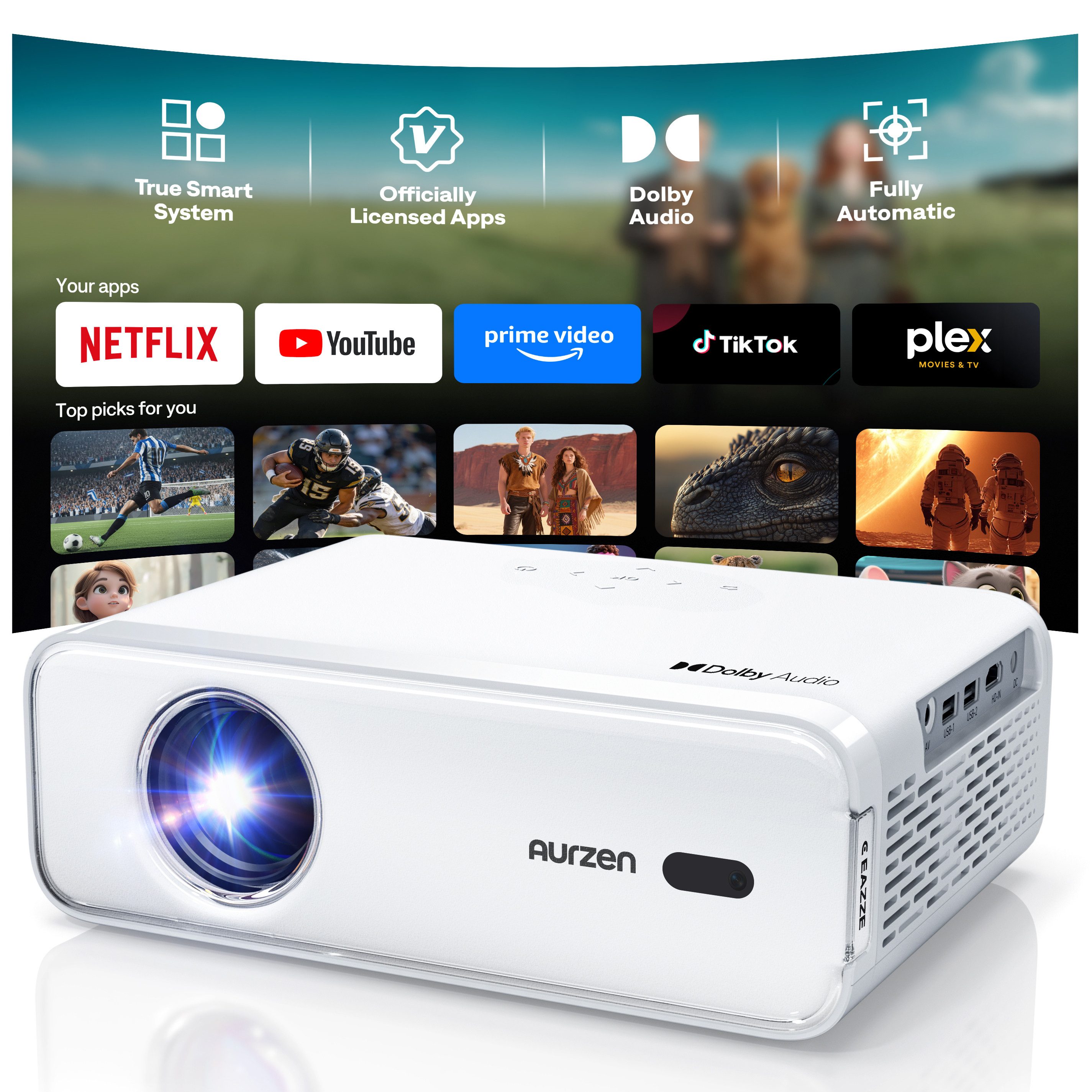 Aurzen NetfIix Officially 4K Unterstützt Smart Beamer (3840 x 2160 px, DoIby Audio, Autofokus & Trapezkorrektur, WiFi Bluetooth Projektor)