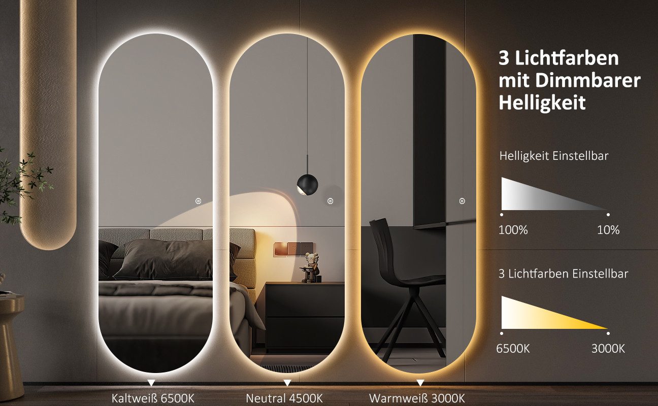WDWRITTI Wandspiegel Rahmenlos 165x60cm LED Ganzkörperspiegel Flurspiegel (3Lichtmodi, Dimmbar, Kalt/Neutral/Warmweiß), mit Netzadapter & Stromkabel