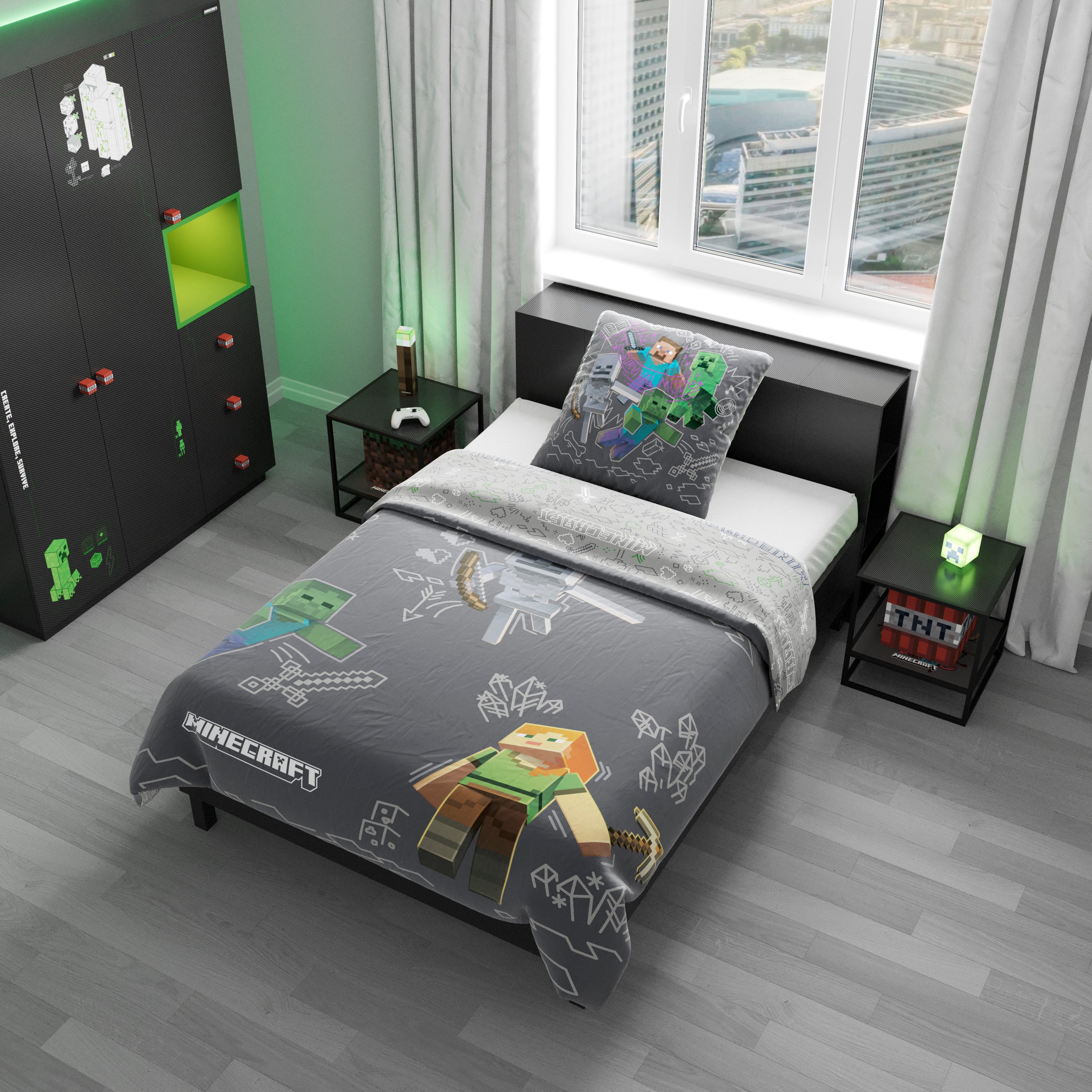 Minecraft Wendebettwäsche 135 x 200 cm - Grau/Anthrazit mit Minecraft Motiv günstig online kaufen