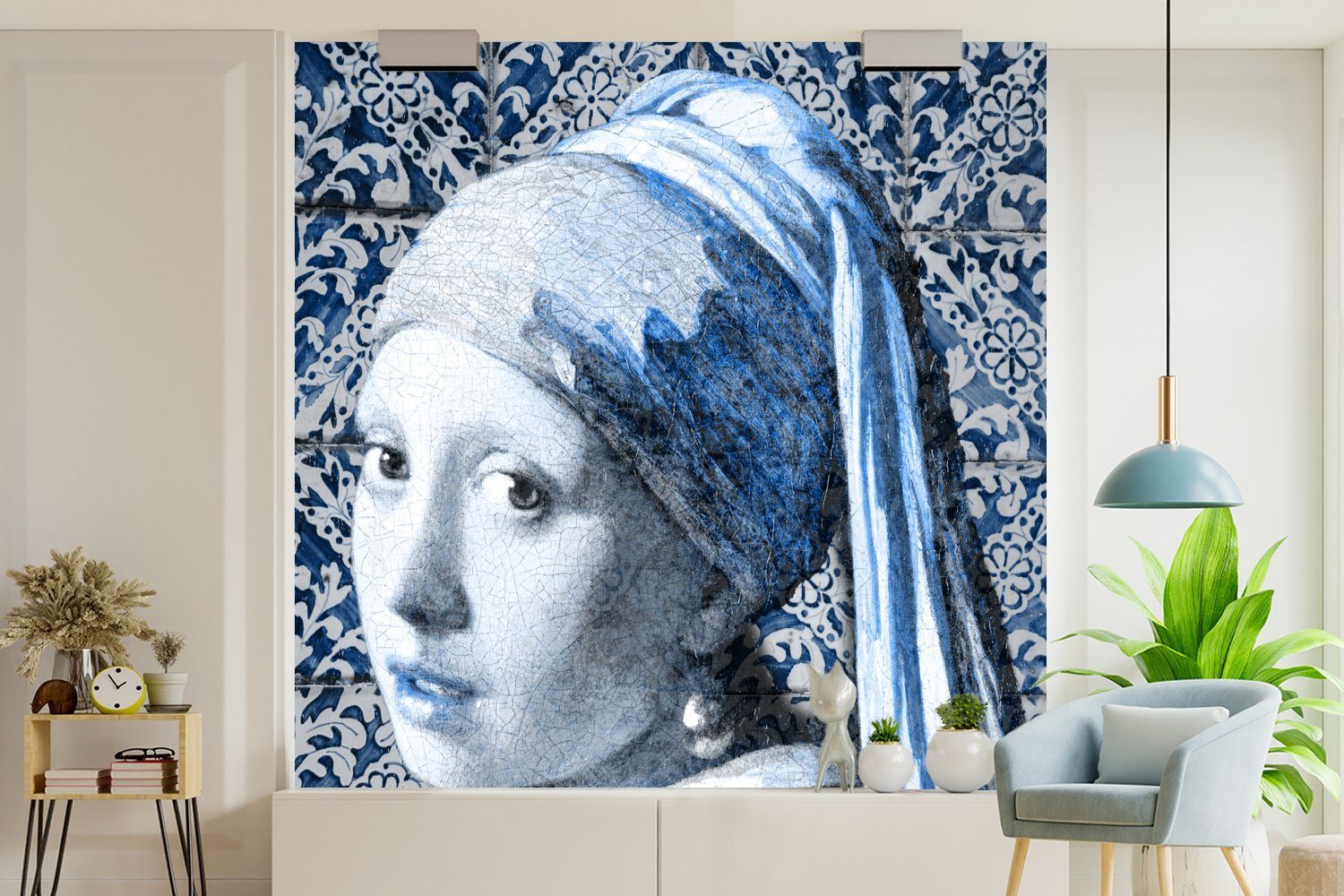 Wohnzimmer Blau, - Tapete Wandtapete Fototapete bedruckt, Mädchen (5 Matt, oder Johannes für - St), Schlafzimmer, Perlenohrring mit Vinyl MuchoWow Delfter Vermeer