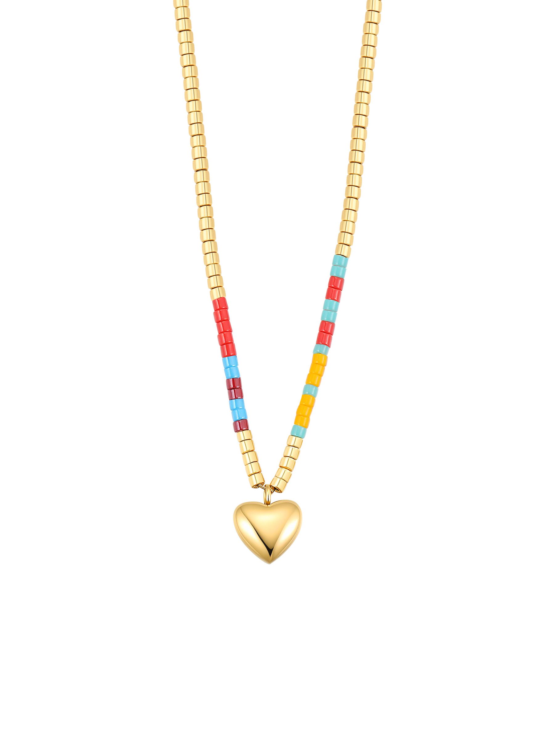 Hey Happiness Charm-Kette mit Herz-Anhänger aus Edelstahl, Damen-Halskette, Perlen-Kette für Sommer-Outfits