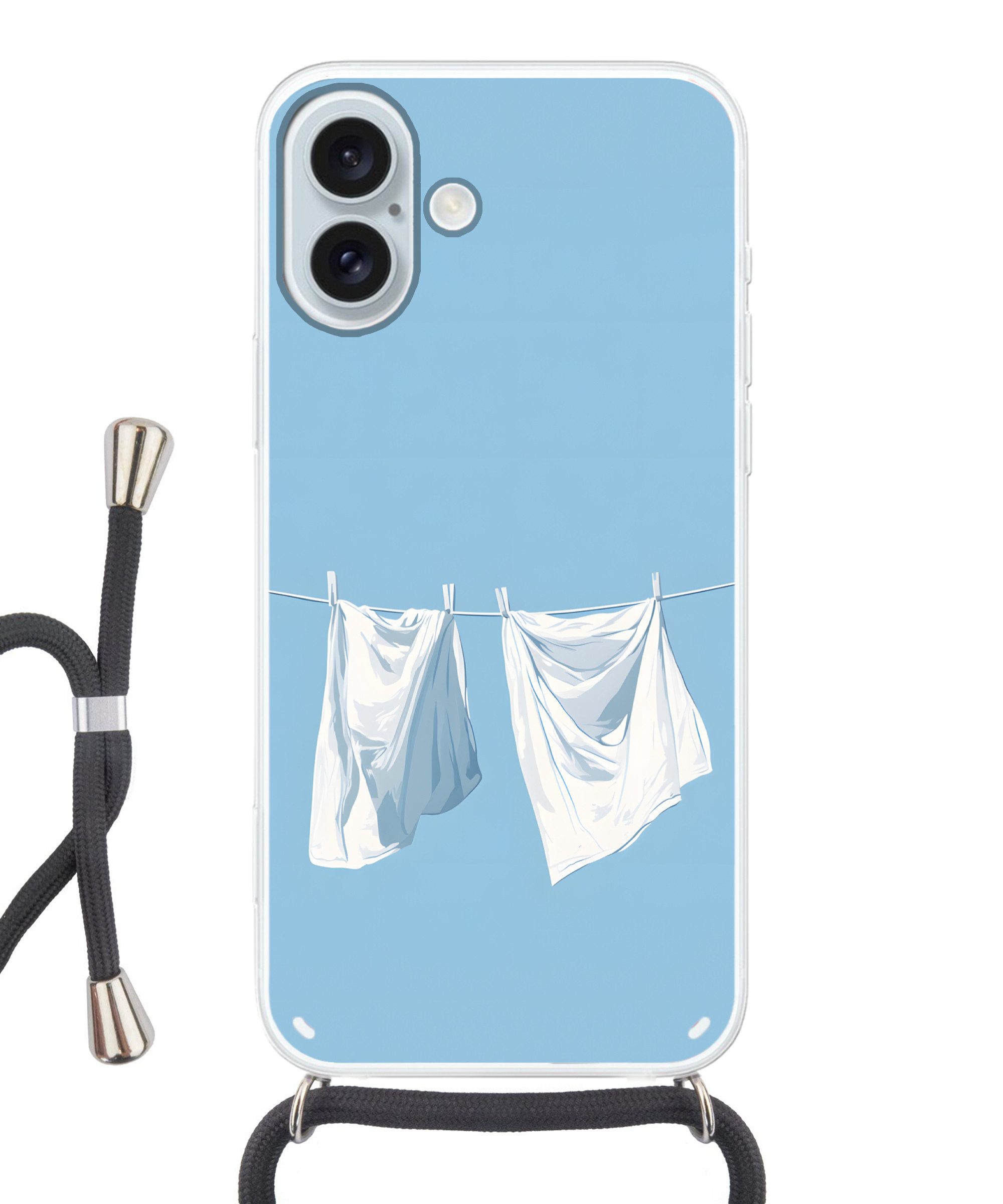 MuchoWow Handyhülle für Apple iPhone 16 Plus Laken - Wäscheleine - Blau - Minimalistisch, Tragbare Handyhüllen mit Kette zum umhängen, Handykette Handyband