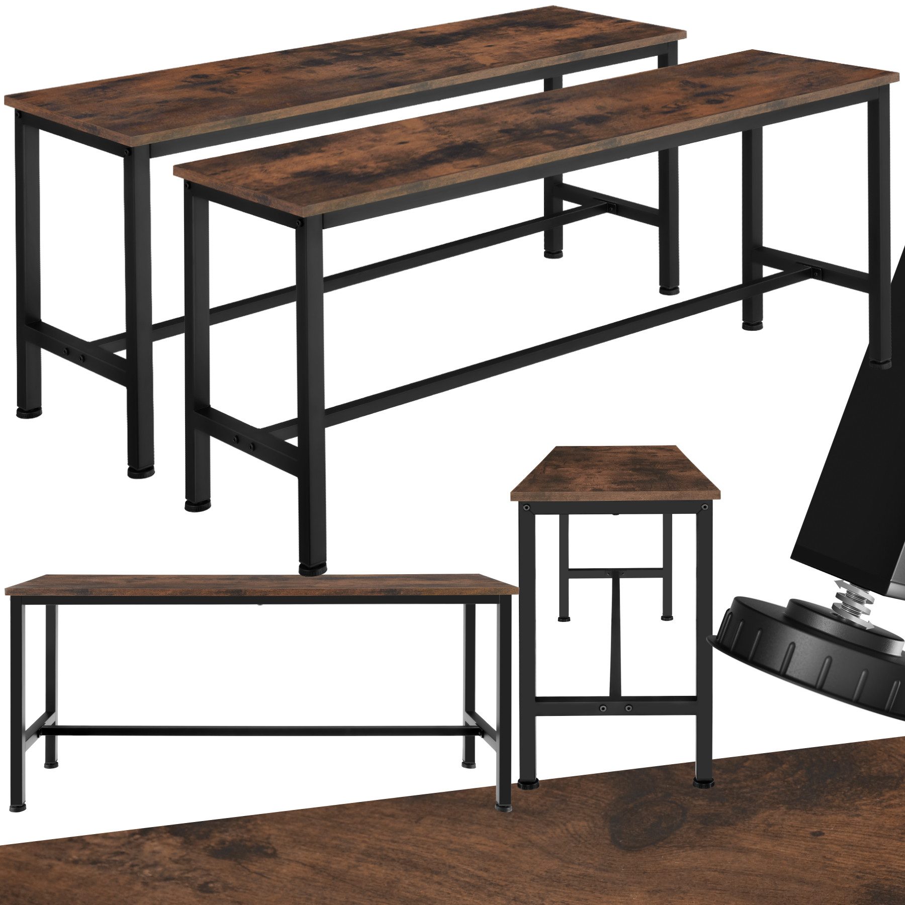 tectake Bank 2er-Set Sitzmöbel, Maße: 108 x 32,5 x 50 cm, Industrial Style (Esszimmersitz Fairfield, in Industrial Holz dunkel, rustikal), Holz und Stahl, Belastbarkeit 200 kg, höhenverstellbare Kunststofffüße